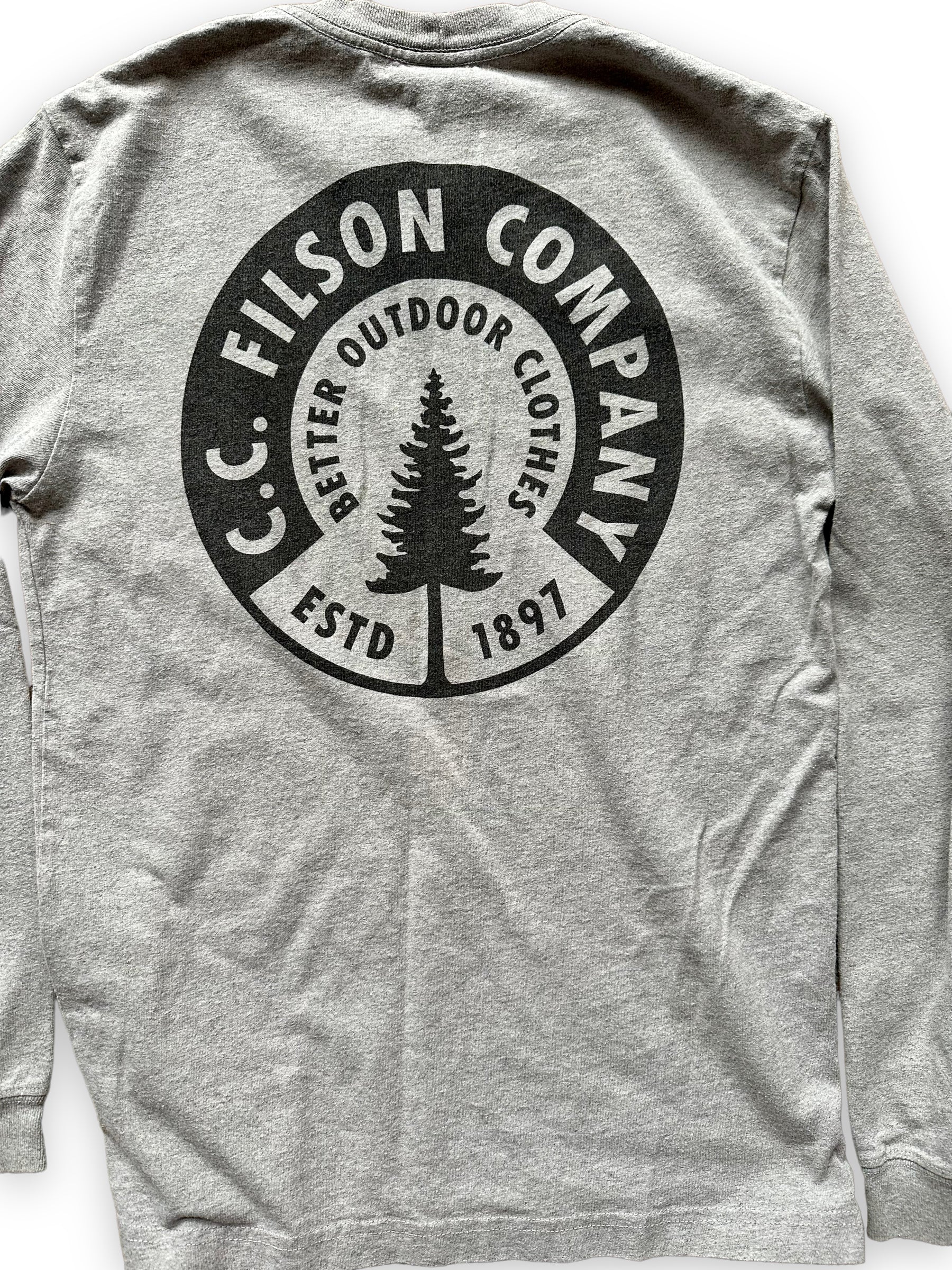 Rear Graphic Detail on Filson Long Sleeve Heather Grey Tee SZ XS  |  Barn Owl Vintage Goods | Filson Graphic Tees Seattle