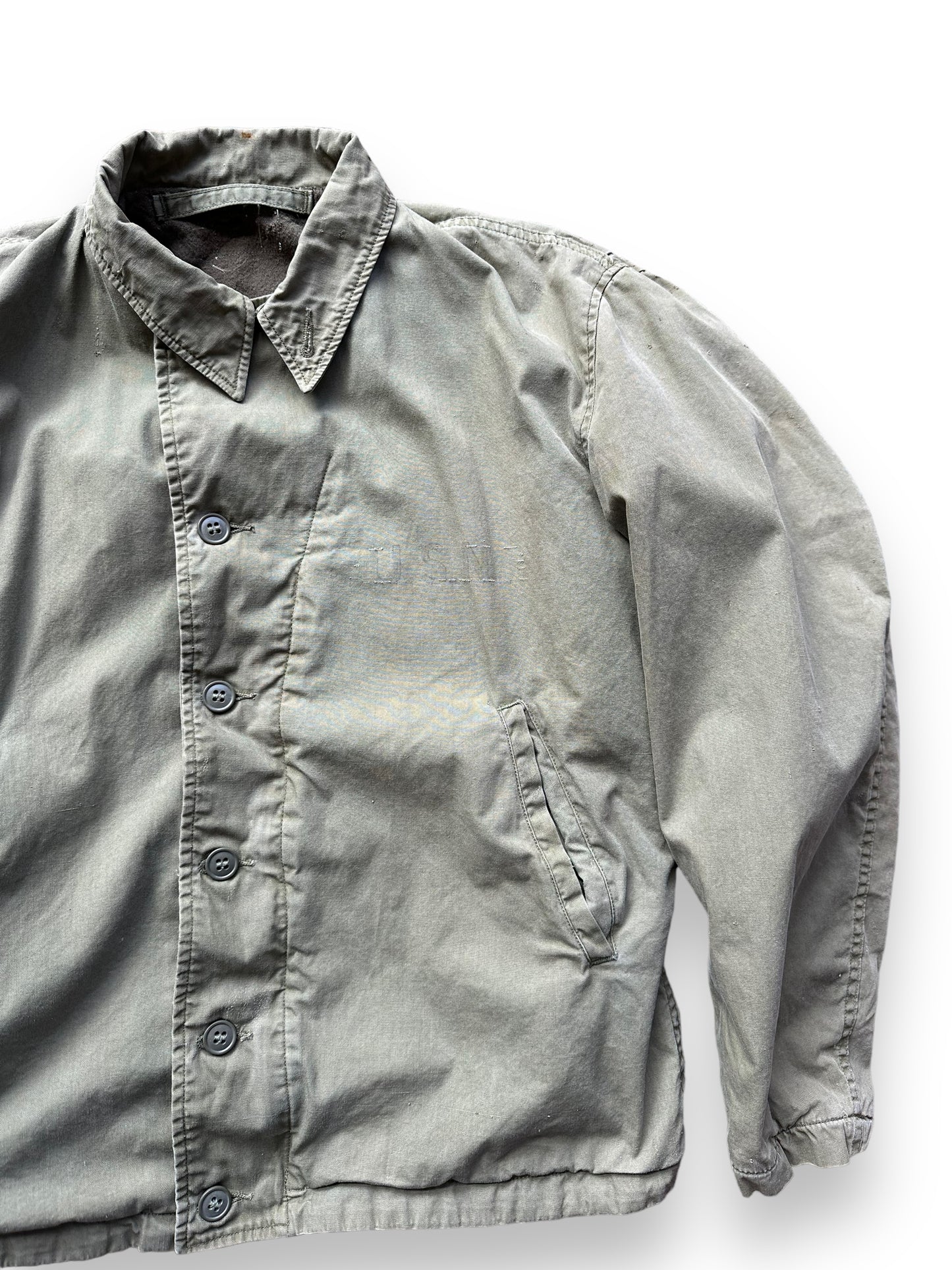 Front Left View of Vintage WWII USN M-41 Field Jacket SZ M | Seattle Vintage Military Gear | Barn Owl Vintage Clothing Seattle