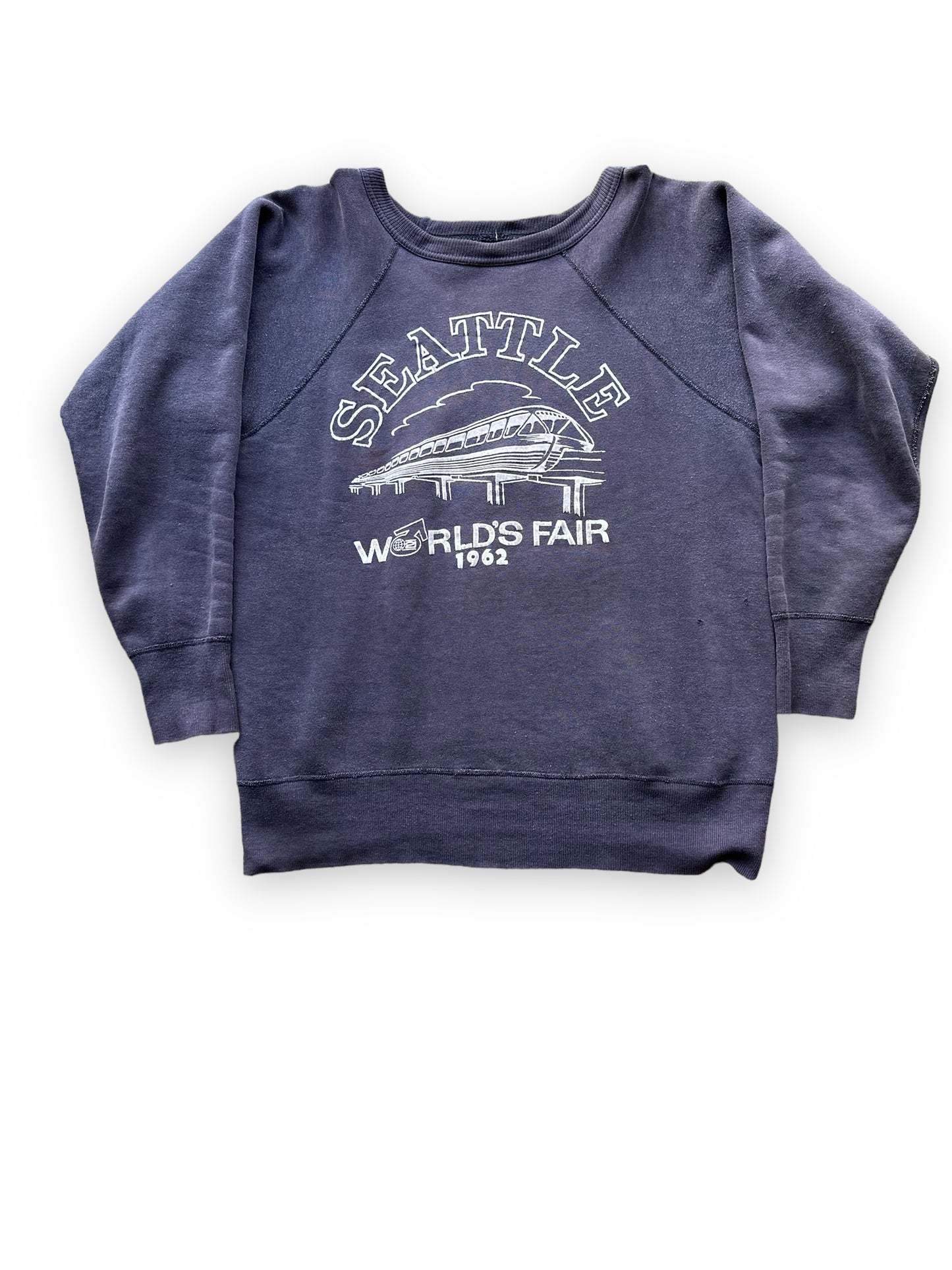 Front View of Vintage Original Flocked Seattle World's Fair 1962 Navy Blue Crewneck | Vintage Sweatshirts Seattle | Barn Owl Vintage