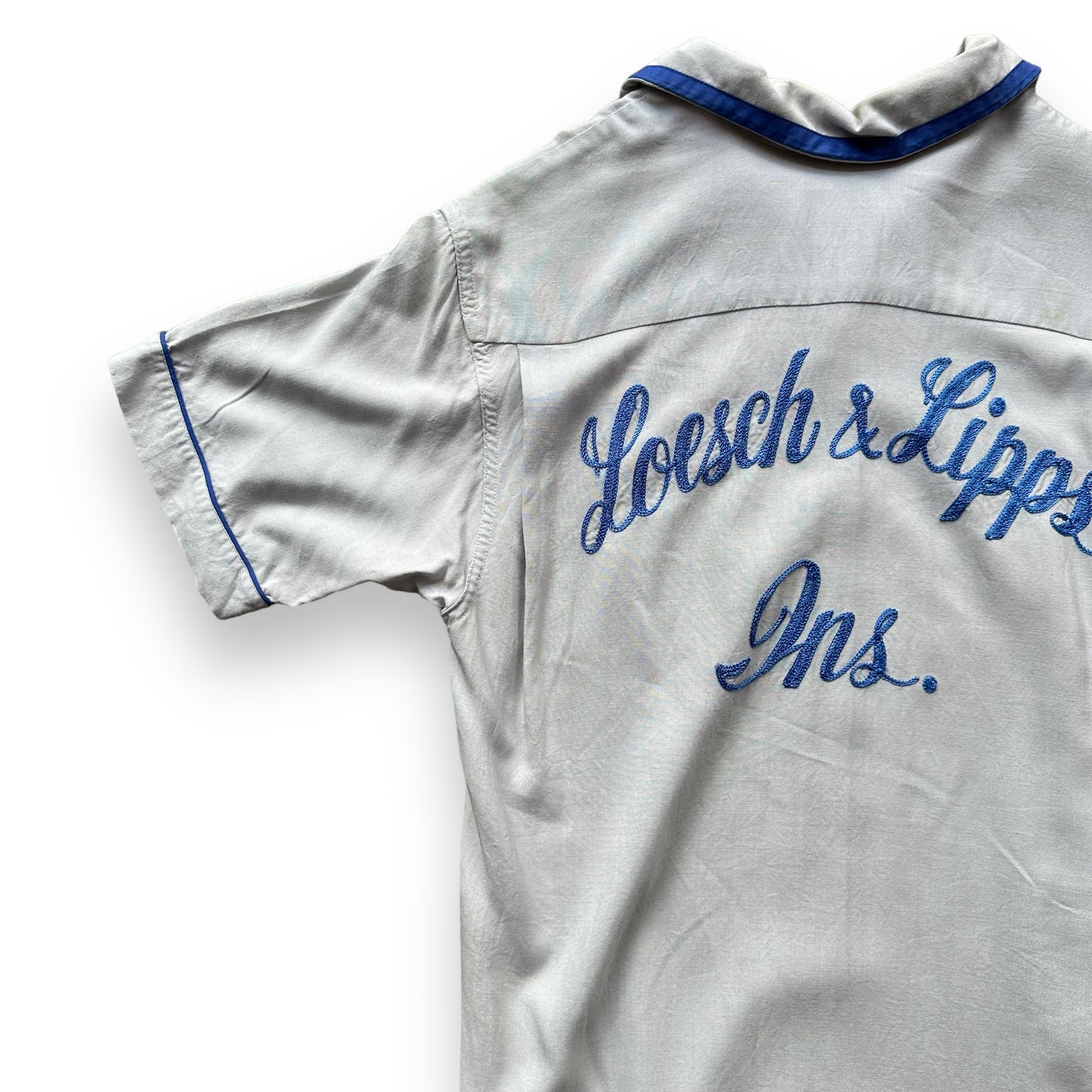 Rear Left Sleeve View of Vintage Crown Prince Light Blue Chainstitched Bowling Shirt SZ S | Vintage Bowling Shirt Seattle | Barn Owl Vintage Seattle