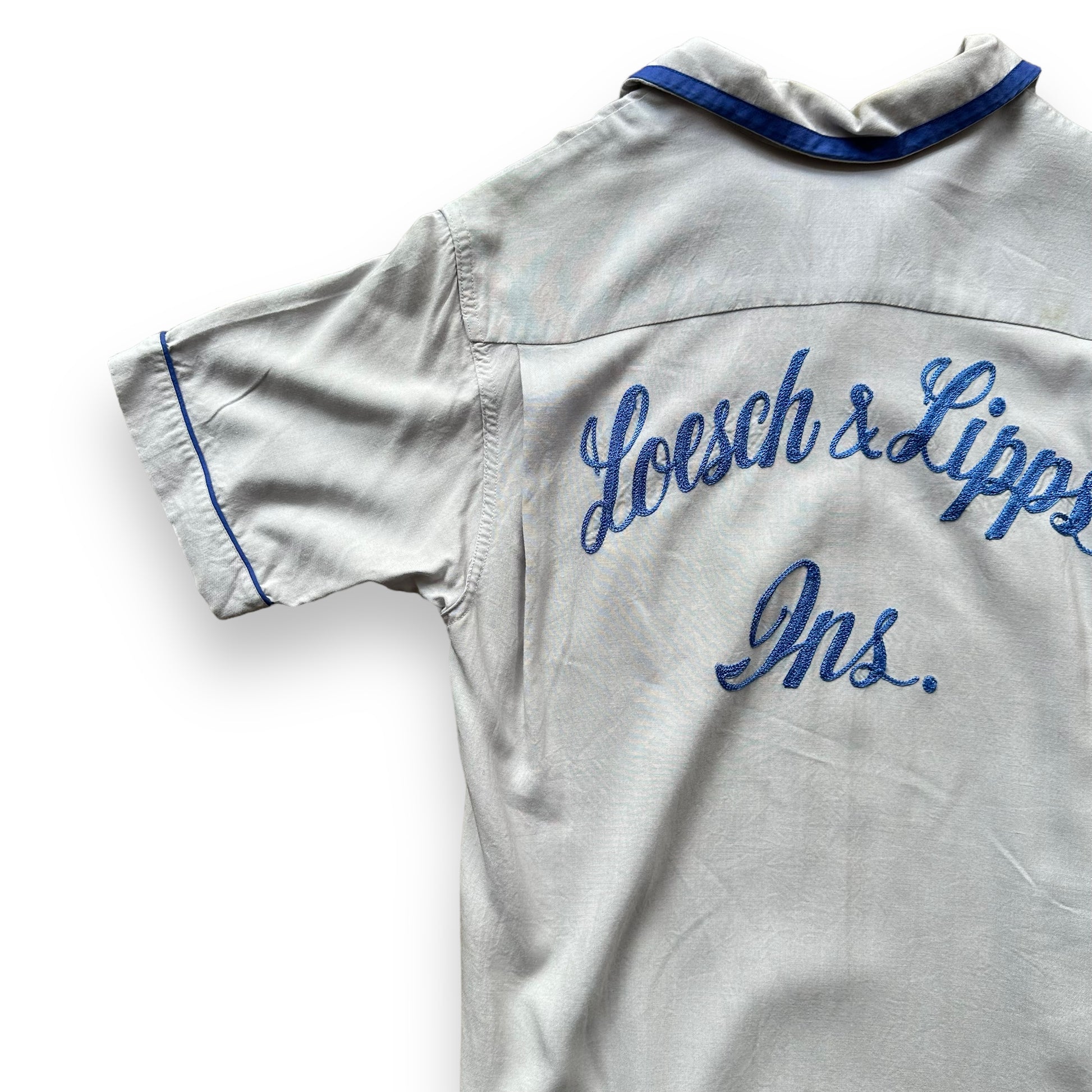 Rear Left Sleeve View of Vintage Crown Prince Light Blue Chainstitched Bowling Shirt SZ S | Vintage Bowling Shirt Seattle | Barn Owl Vintage Seattle