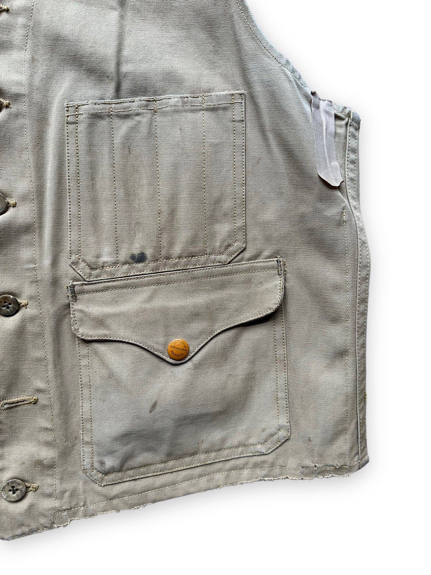 Front Left Side of Vintage 1930s Era Filson FilClo Era Tin Cloth Vest SZ L | FilClo Vintage Workwear | Barn Owl Vintage Seattle