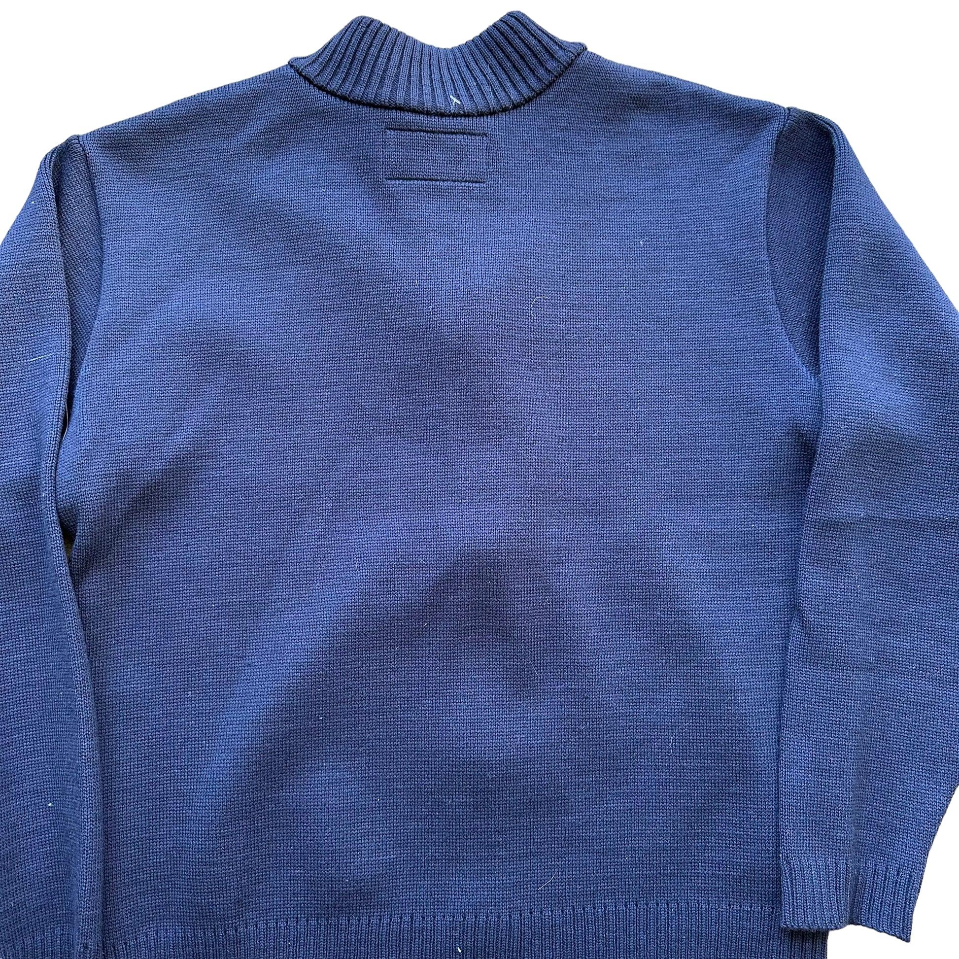 Rear Detail on Filson Style 717 Navy Blue Zip Up Cardigan SZ L |  Barn Owl Vintage Goods | Vintage Workwear Seattle