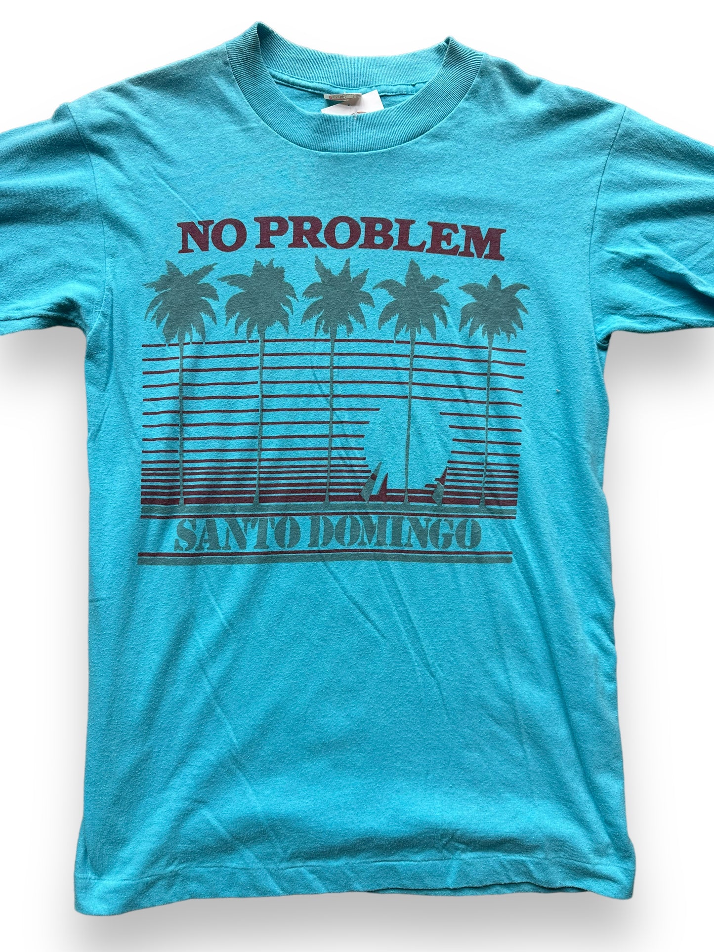 Front close up of Vintage Blue Santo Domingo Graphic Tee SZ L | Vintage T-Shirts Seattle | Barn Owl Vintage Tees Seattle
