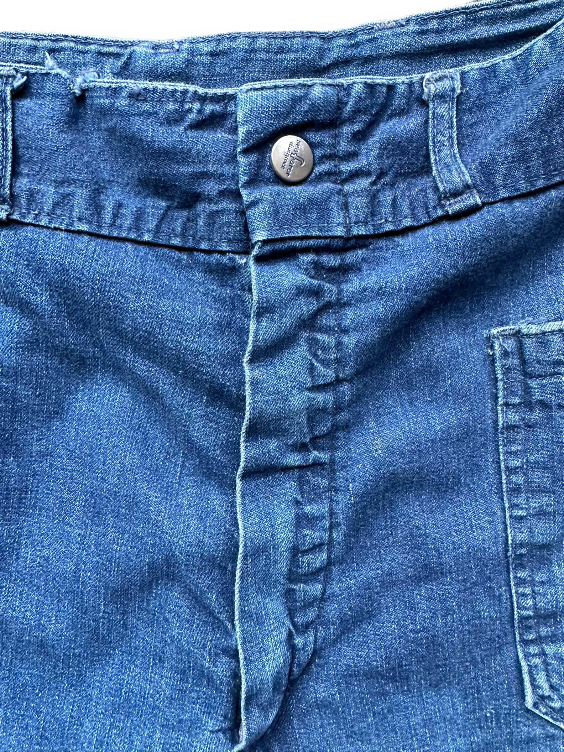 Upper Front Button View of Vintage 70s Era Sailor Denim with Repairs W36 | Vintage Denim Swabbie Pants Seattle | Barn Owl Vintage Workwear