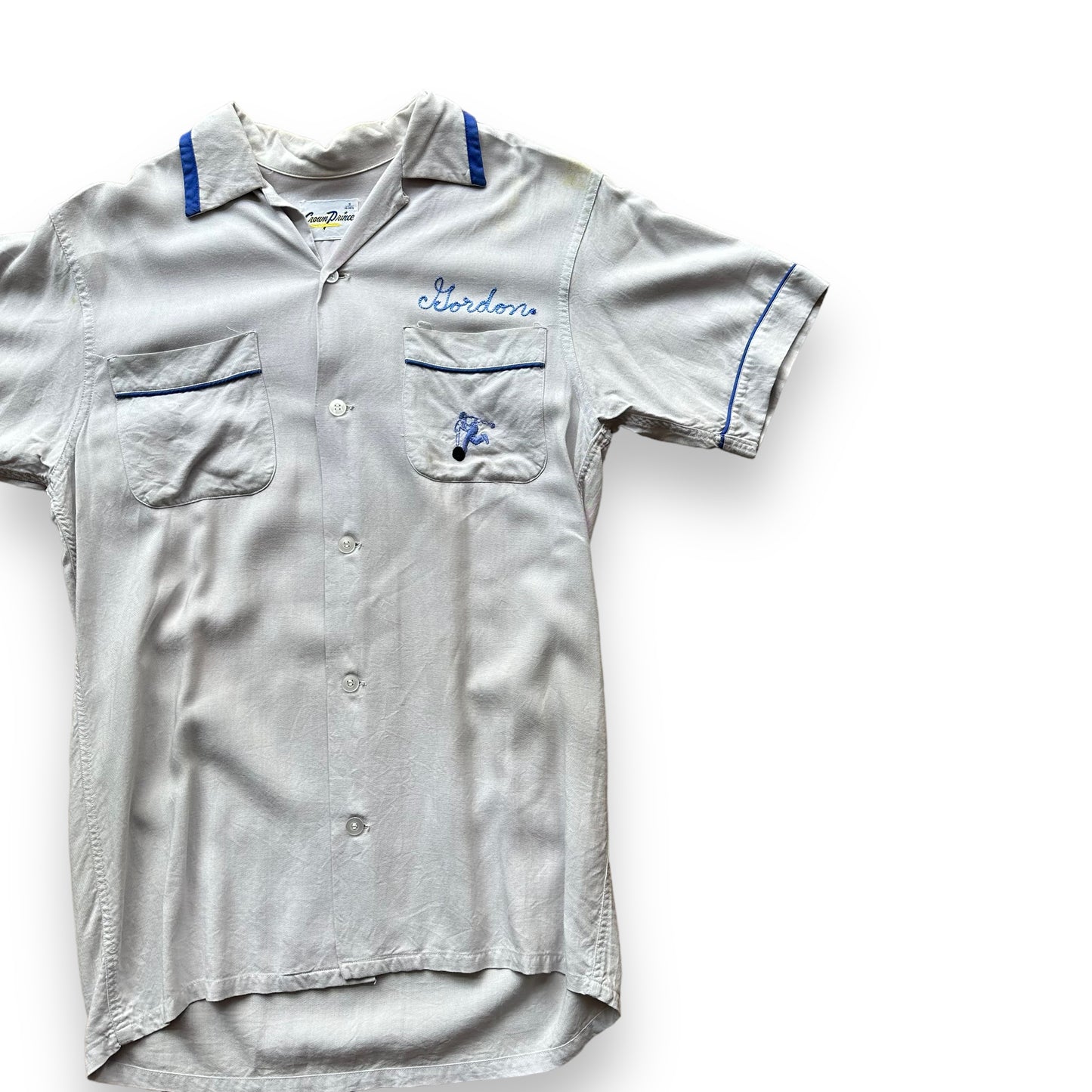 Front Left View of Vintage Crown Prince Light Blue Chainstitched Bowling Shirt SZ S | Vintage Bowling Shirt Seattle | Barn Owl Vintage Seattle
