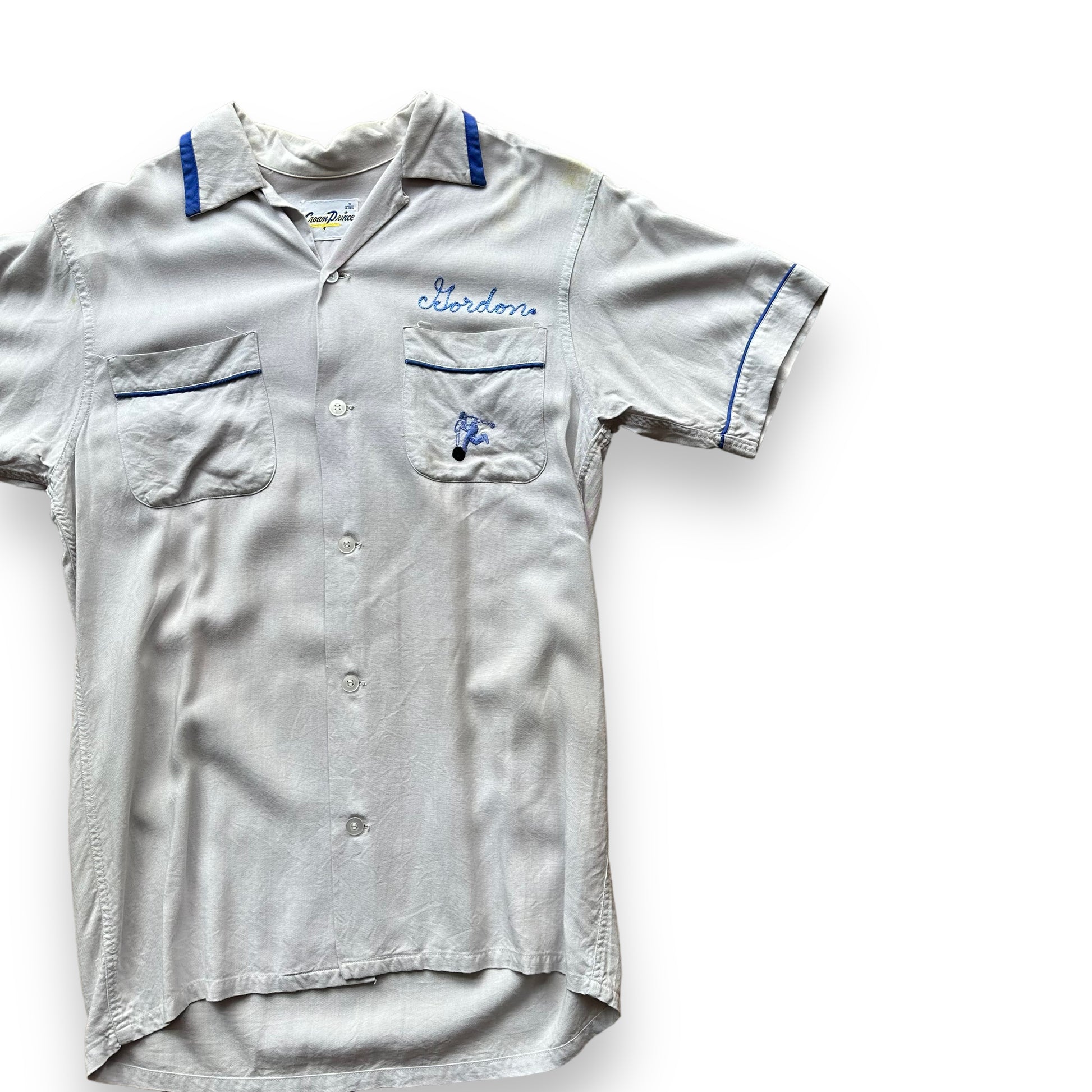 Front Left View of Vintage Crown Prince Light Blue Chainstitched Bowling Shirt SZ S | Vintage Bowling Shirt Seattle | Barn Owl Vintage Seattle