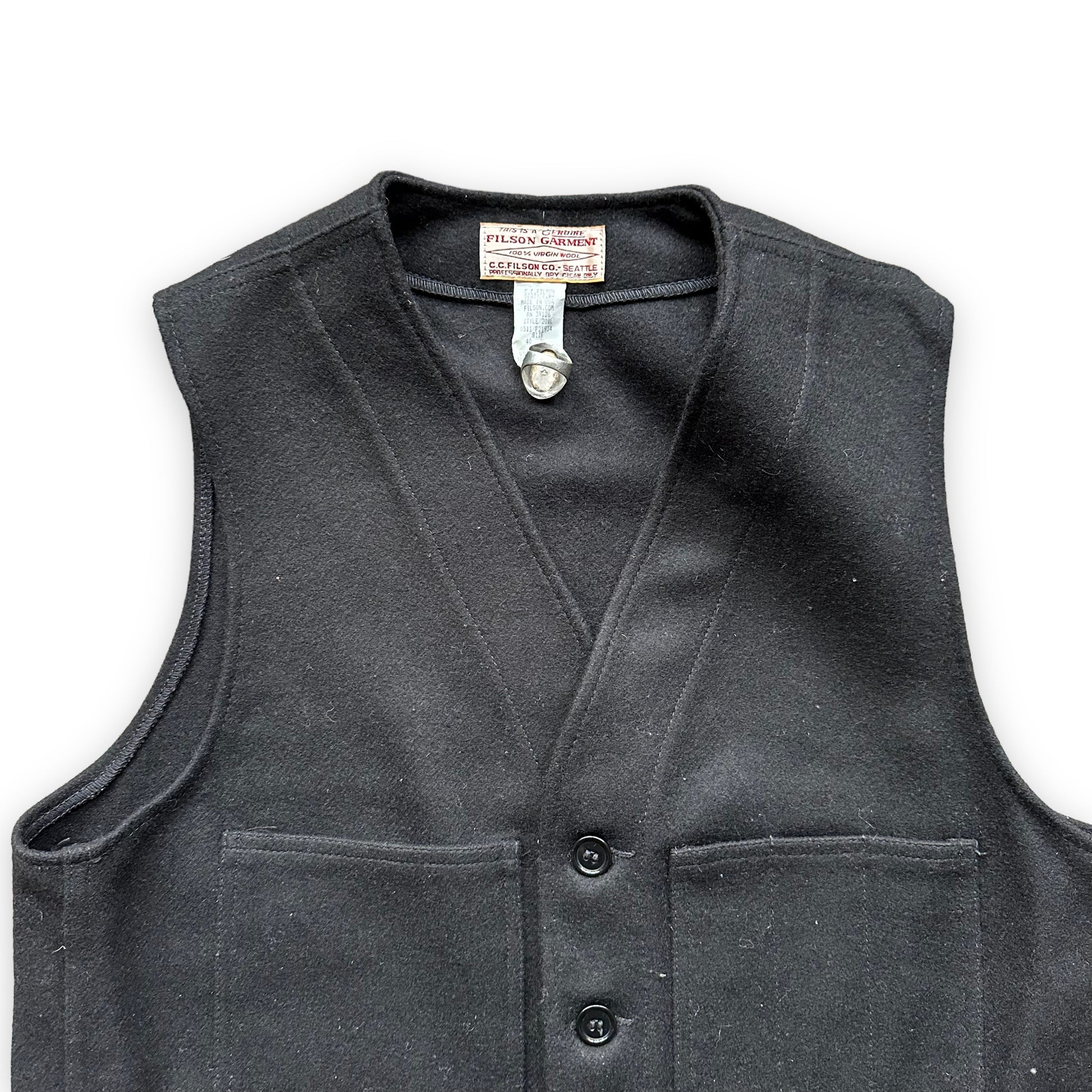 Upper Front View of Filson Black Mackinaw Wool Vest SZ 40 Extra Long |  Barn Owl Vintage Goods | Vintage Filson Workwear Seattle