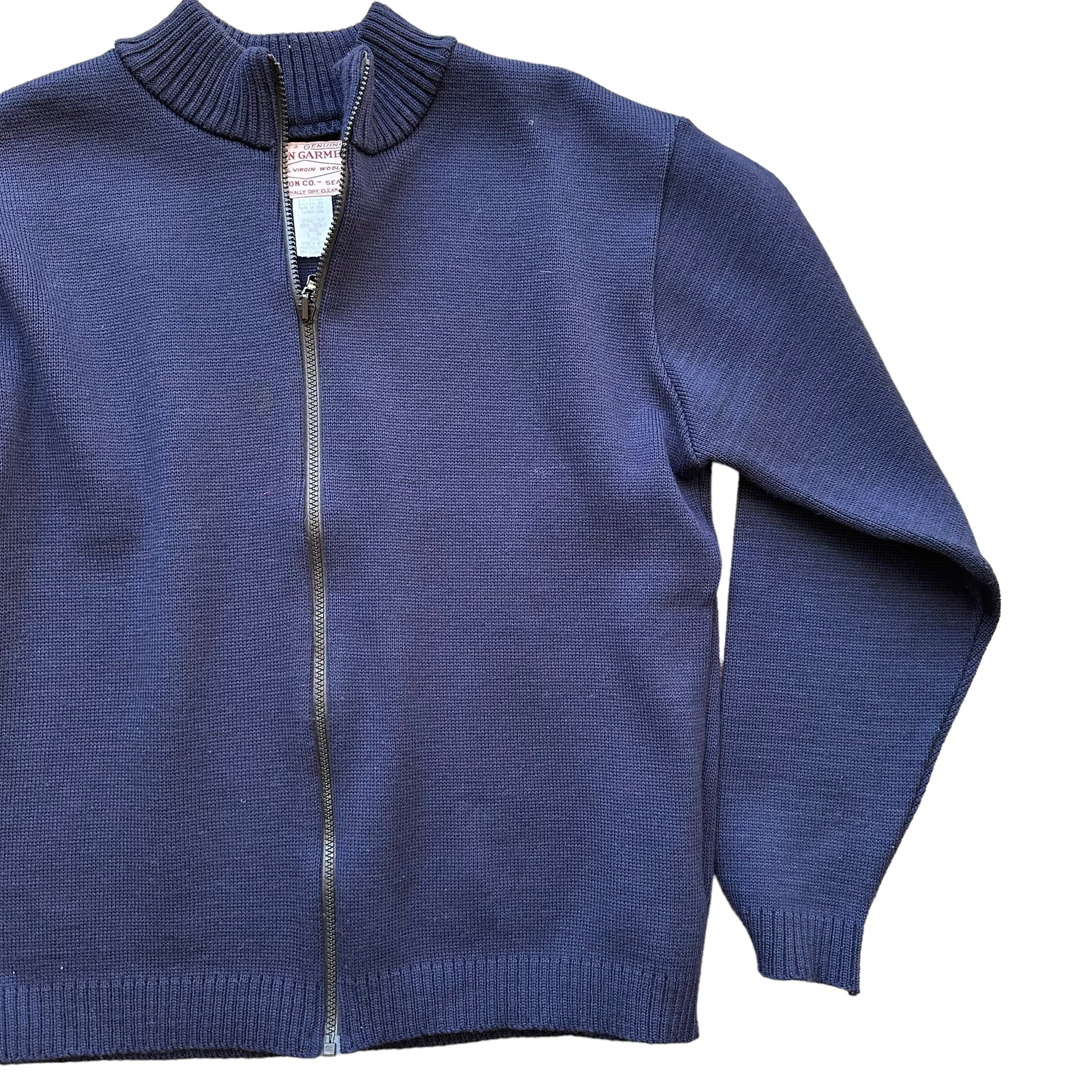 Front Left View of Filson Style 717 Navy Blue Zip Up Cardigan SZ L |  Barn Owl Vintage Goods | Vintage Workwear Seattle