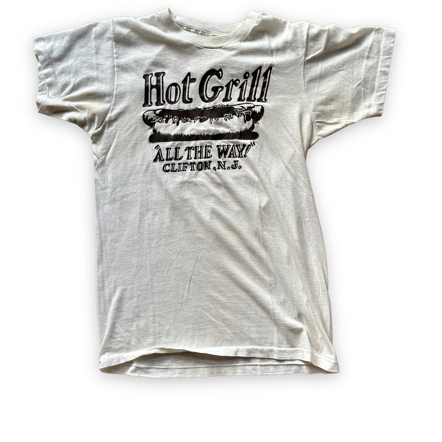 Front View of Vintage Hot Grill "All The Way" Clifton NJ Hot Dog Tee SZ M | Vintage Single Stitch T-Shirt | Barn Owl Vintage Seattle