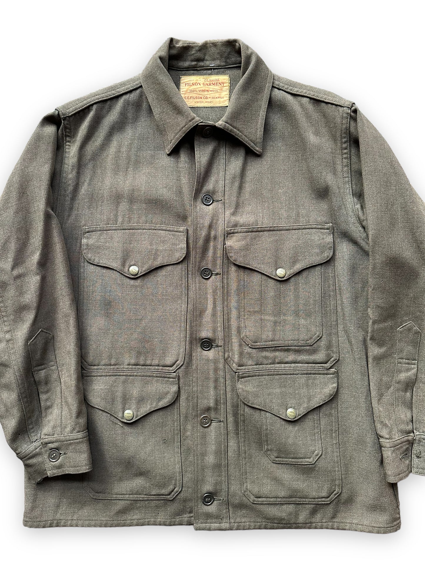 Close Up Front View of Vintage Union Made Era 50s Filson Forestry Cloth Cruiser SZ 44 | Barn Owl Vintage Goods | Vintage Workwear Seattle