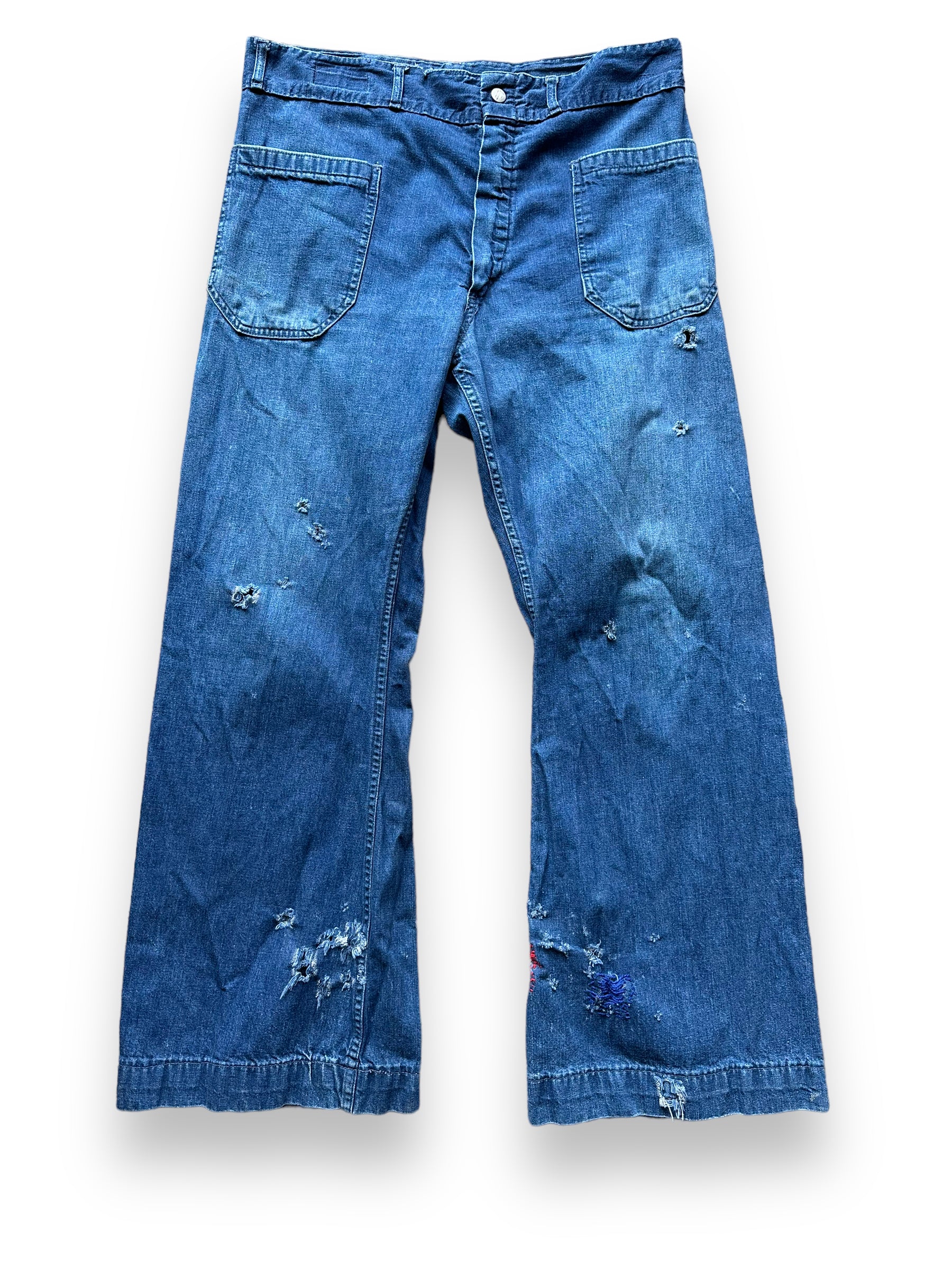 Front View of Vintage 70s Era Sailor Denim with Repairs W36 | Vintage Denim Swabbie Pants Seattle | Barn Owl Vintage Workwear