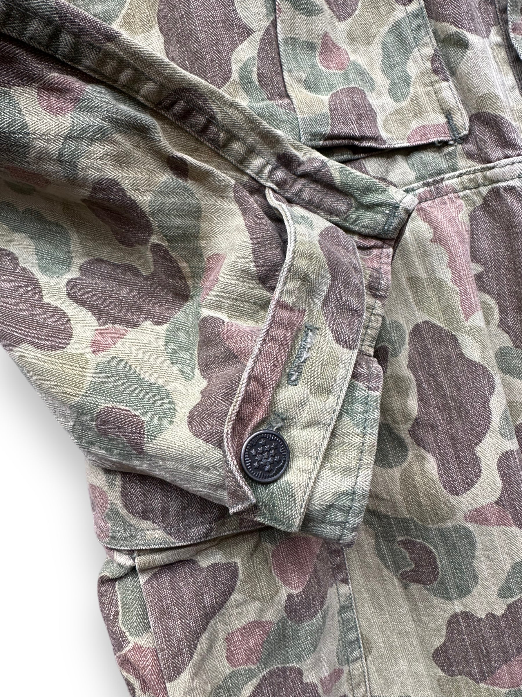 Right Cuff with 13 Star Button On Vintage M-4395 HBT Frogskin Camo Coveralls SZ M | Vintage Frog Skin Camo Pants Seattle | Barn Owl Vintage Workwear