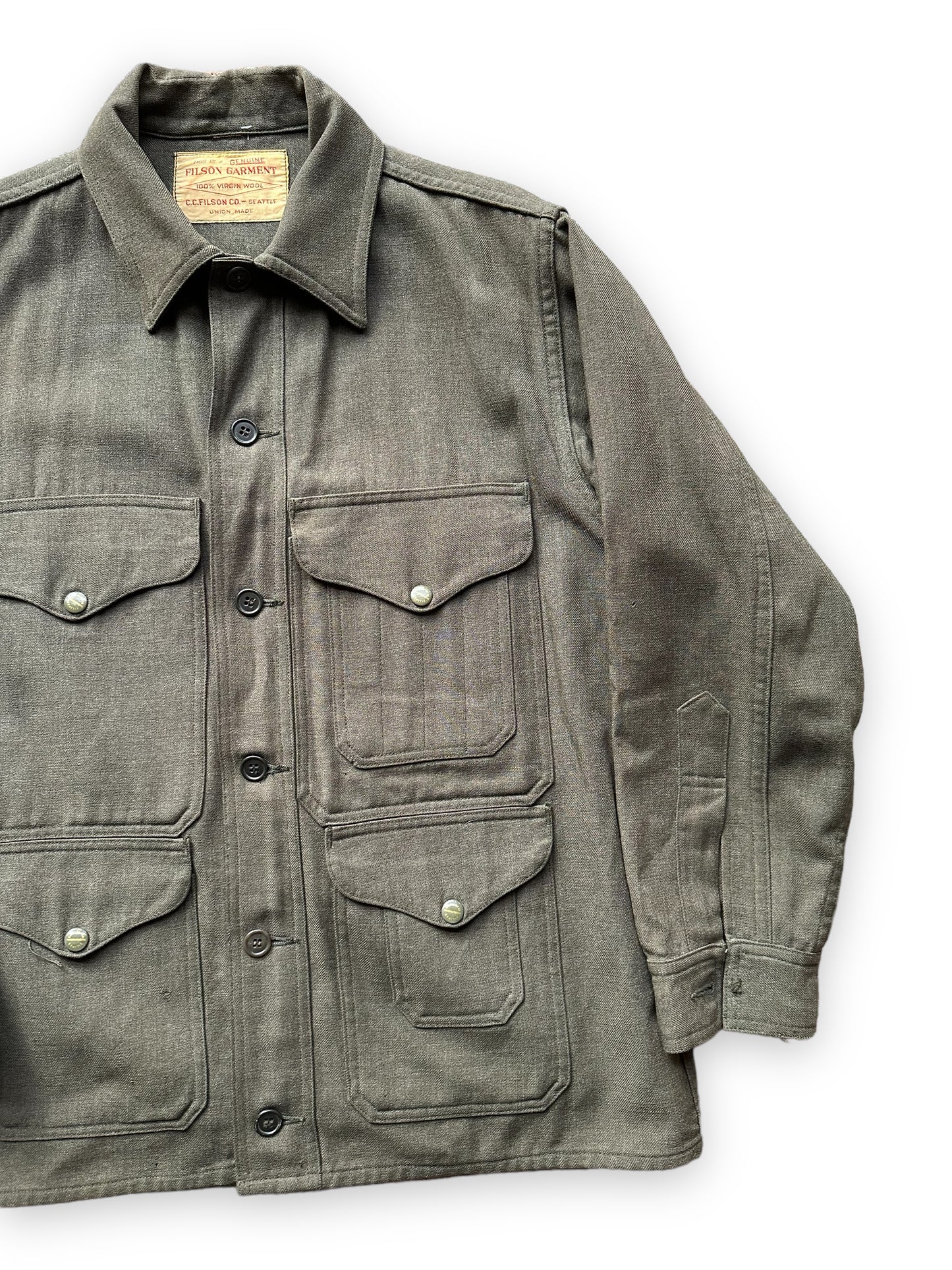 Left Front View of Vintage Union Made Era 50s Filson Forestry Cloth Cruiser SZ 44 | Barn Owl Vintage Goods | Vintage Workwear Seattle