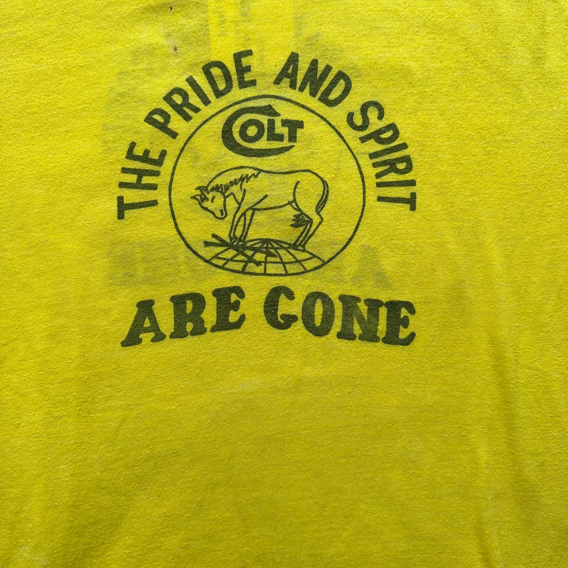 Front Graphic Detail on Vintage Colt "The Pride and Spirit Are Gone" Tee SZ L | Vintage T-Shirts Seattle | Barn Owl Vintage Tees Seattle