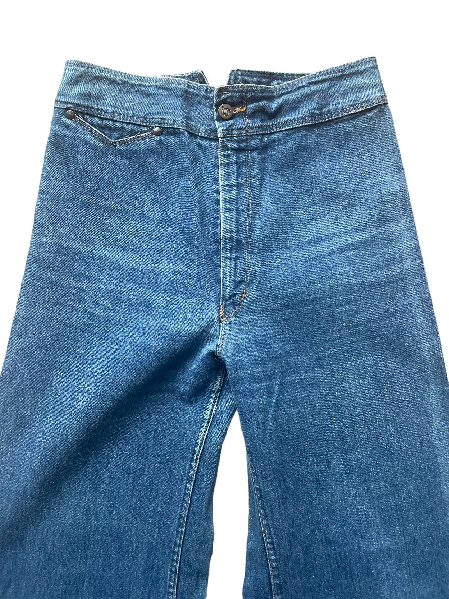 Full front waist view of Vintage 1970s Pulse By Aero Wide Leg Buckle Back Jeans | Barn Owl Seattle | Vintage Buckle Back Jeans