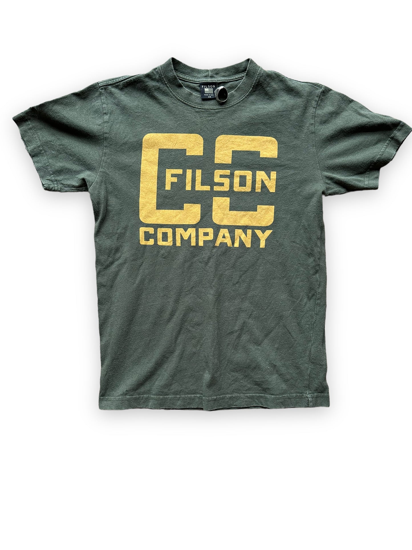 Front View of Olive Green Filson Cotton Tee SZ XS | Barn Owl Vintage Goods | Filson Graphic Tees Seattle