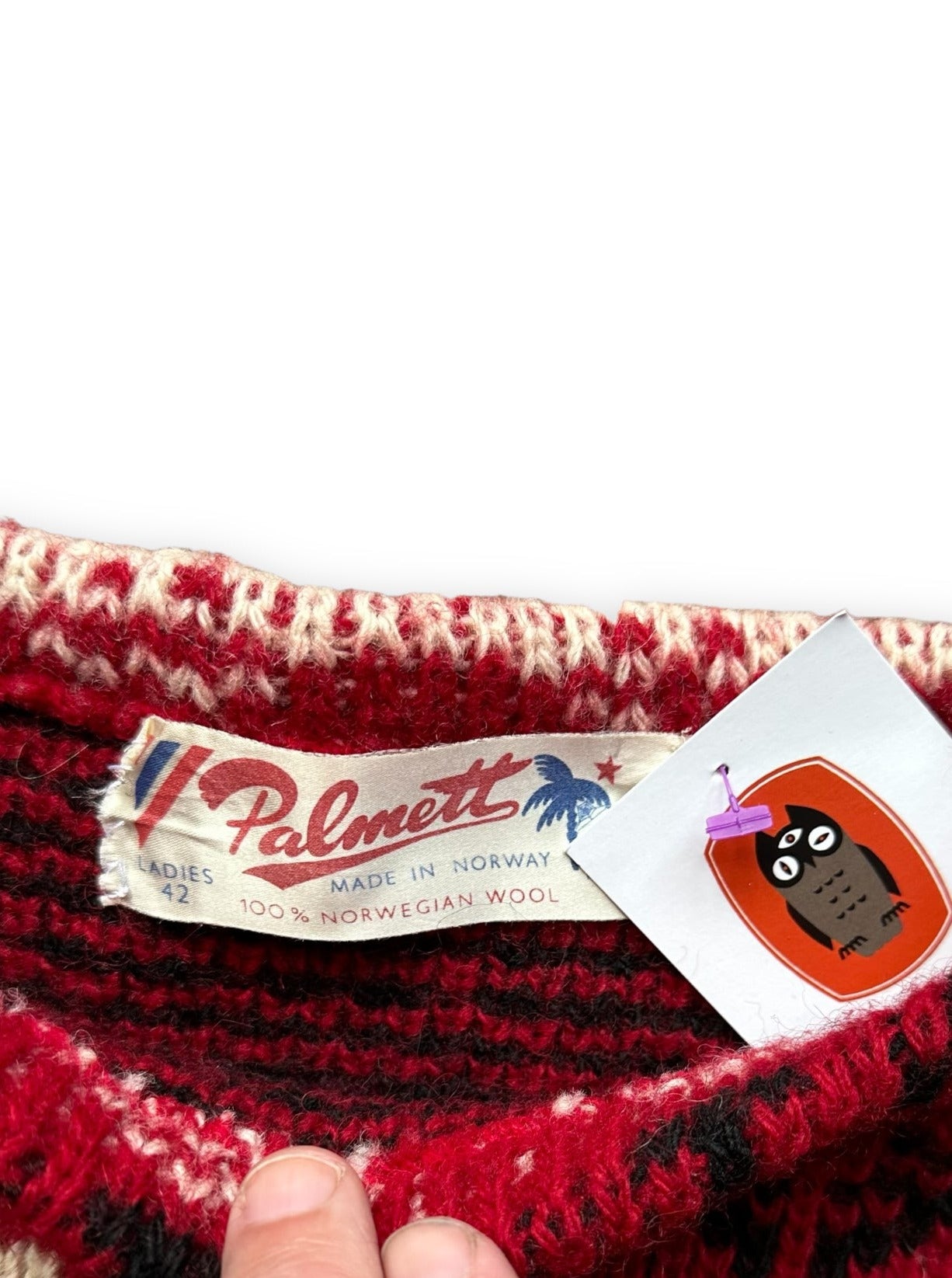 Tag View on Vintage Palmett Norwegian Wool Sweater SZ L | Barn Owl Vintage Seattle | Seattle Vintage Clothing
