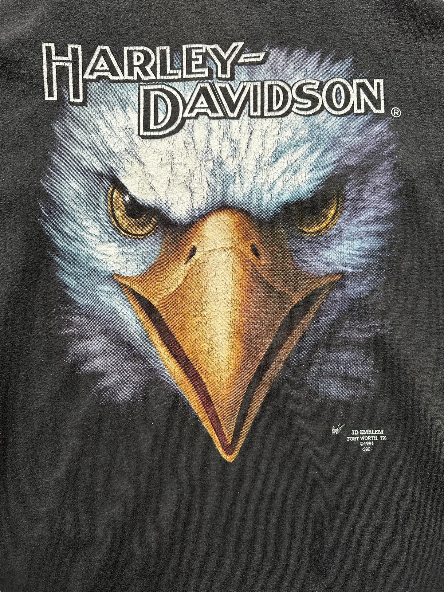 Eagle Close Up on Vintage 1991 3D Emblem Harley Davidson Eagle Tee SZ L | Vintage Single Stitch Harley Tee | Barn Owl Vintage Seattle