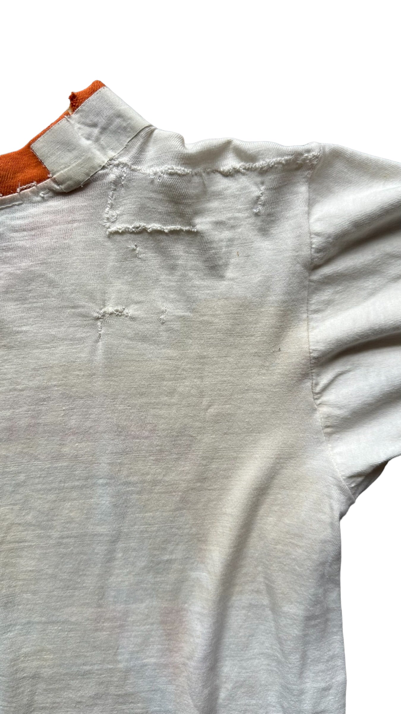 Rear View of Repairs on Neck on Vintage Archie Bunker Ringer Tee SZ S |  Vintage Ringer Tee Seattle | Barn Owl Vintage