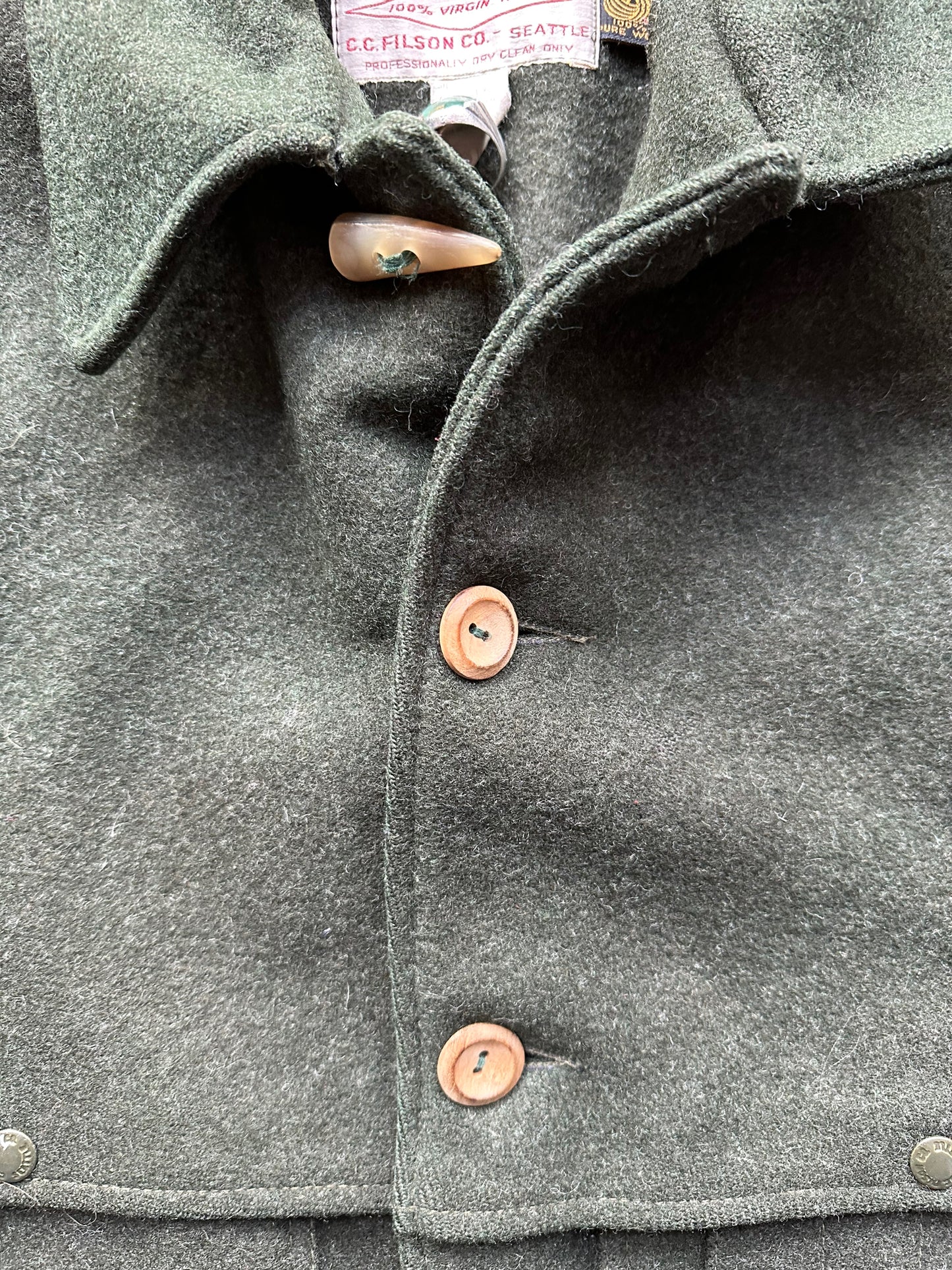 Custom Buttons on Vintage Filson Forest Green Double Mackinaw Cruiser SZ 46 XL | Barn Owl Vintage Goods | Vintage Workwear Seattle