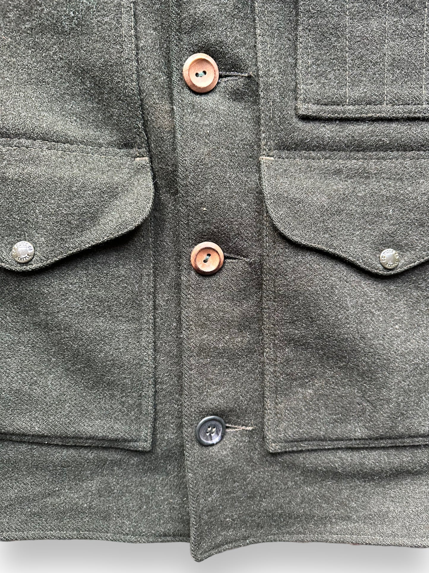 Lower Custom Buttons and Factory Button on Vintage Filson Forest Green Double Mackinaw Cruiser SZ 46 XL | Barn Owl Vintage Goods | Vintage Workwear Seattle