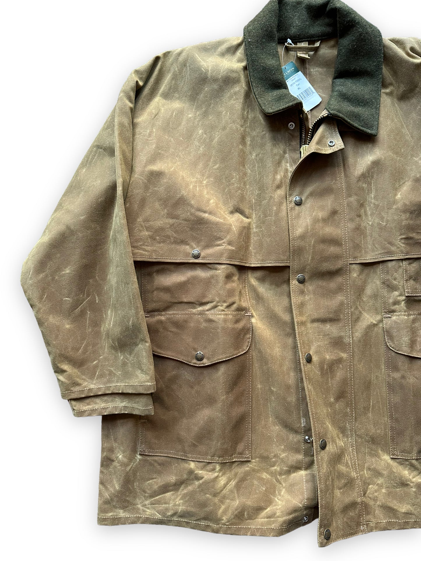 Front Right View of NWT Filson Tin Packer Coat SZ XL |  Barn Owl Vintage Goods Filson | Vintage Filson Tin Cloth Workwear Seattle