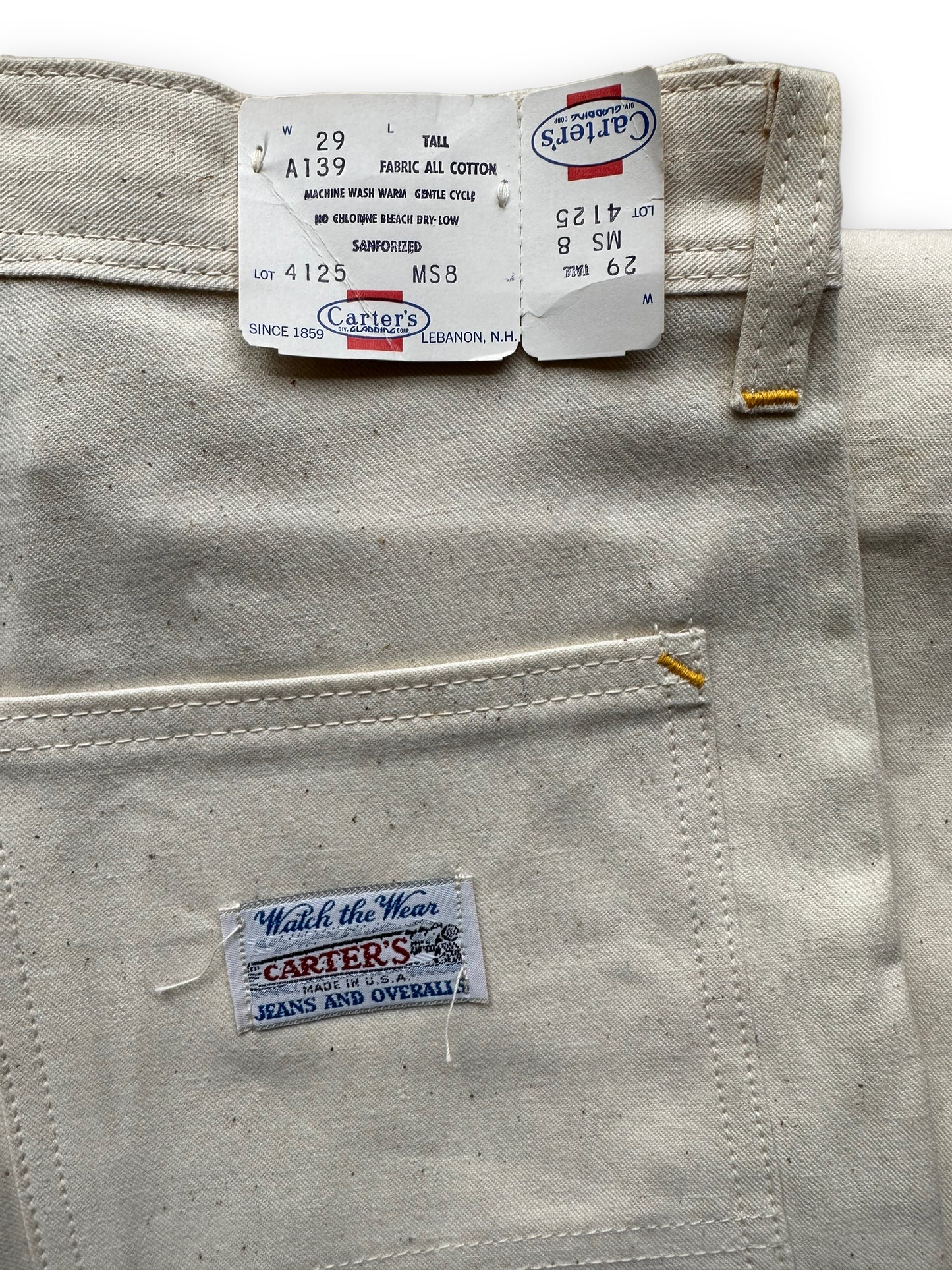 Tag View of NOS Vintage Carter's Ecru Painters Pants W29T | Vintage Workwear Seattle | Barn Owl Vintage Clothing