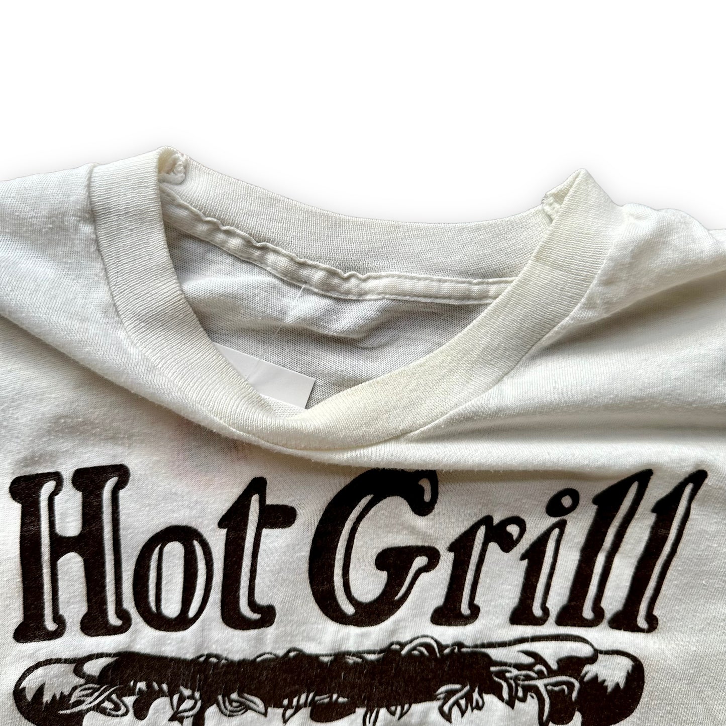 Collar on Vintage Hot Grill "All The Way" Clifton NJ Hot Dog Tee SZ M | Vintage Single Stitch T-Shirt | Barn Owl Vintage Seattle
