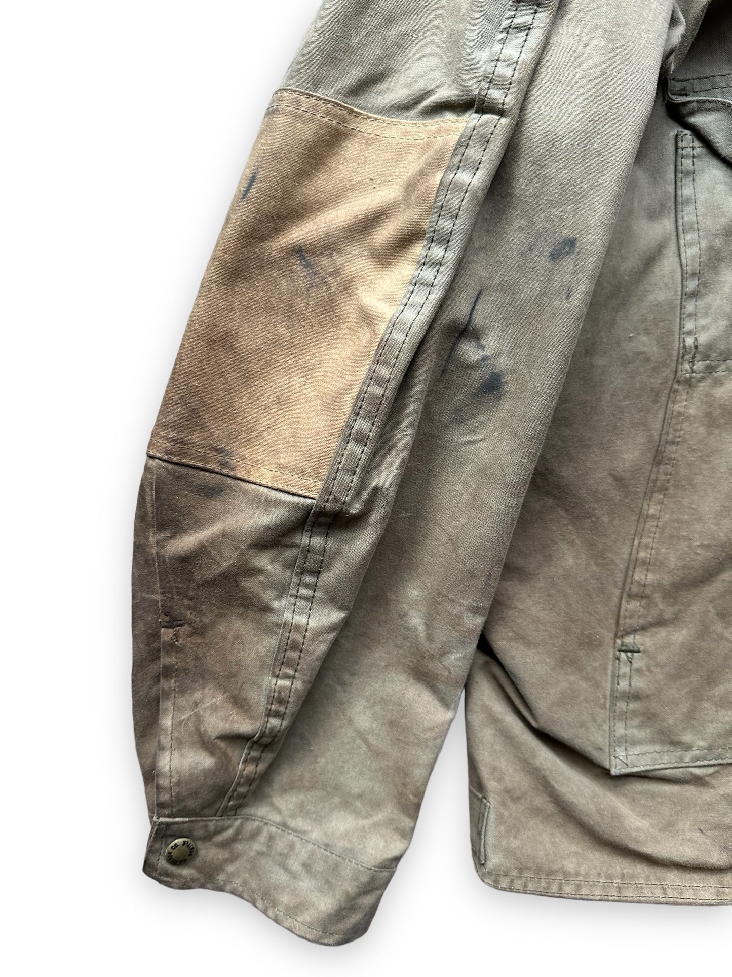 Rear Left Sleeve View of Filson Tin Cloth Shooting Jacket Style 420 SZ XXL |  Barn Owl Vintage Goods | Vintage Workwear Seattle