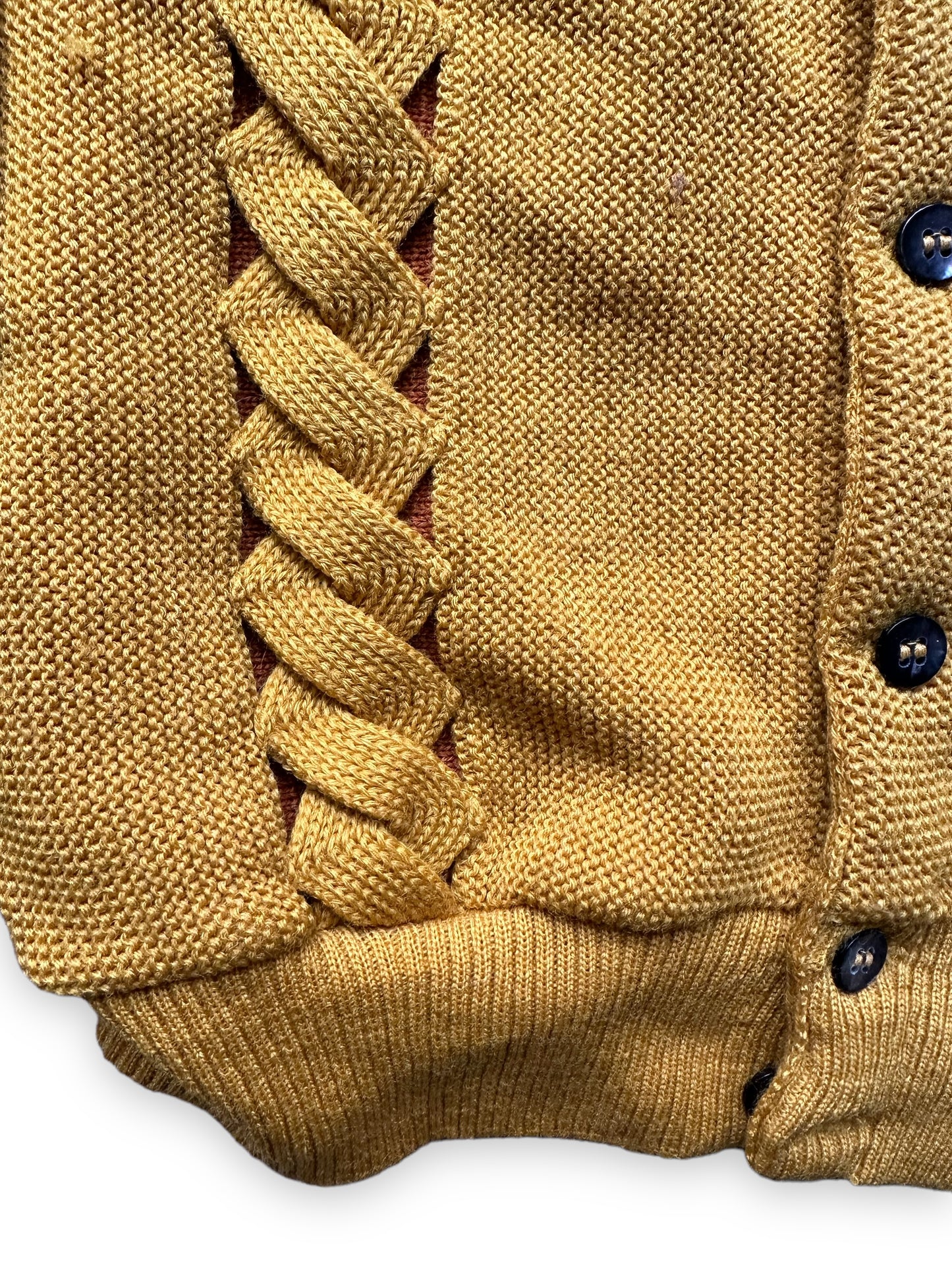 Lower Right Front Helix Detail on Vintage Seattle Knitting Mills Golden Double Helix Wool Sweater SZ M | Vintage Cardigan Sweaters Seattle | Barn Owl Vintage Seattle