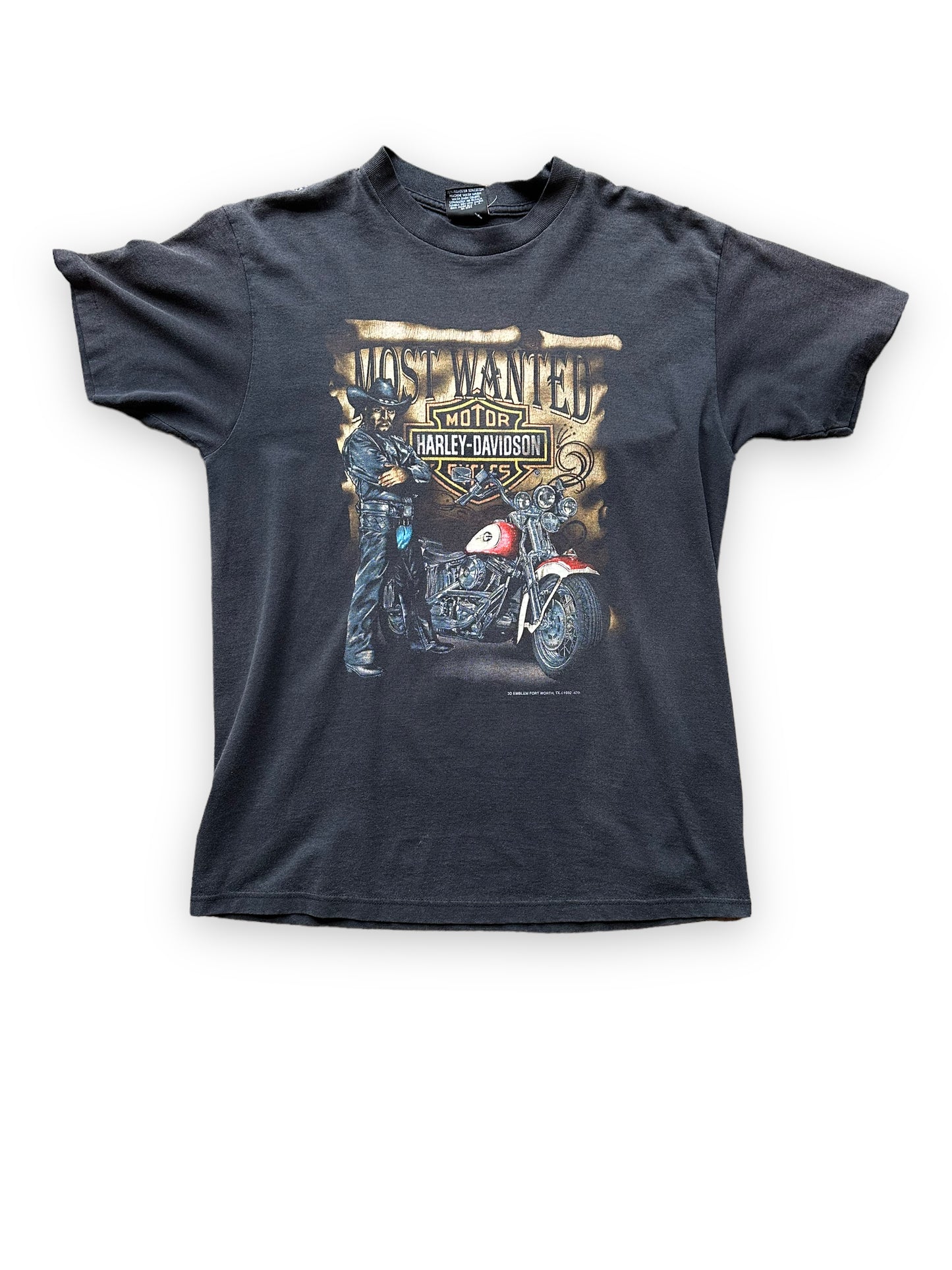 Front View of Vintage 1992 Harley Davidson Most Wanted 3D Emblem Tee SZ L | Vintage Bayou Rider Harley Tee Seattle | Barn Owl Vintage Seattle