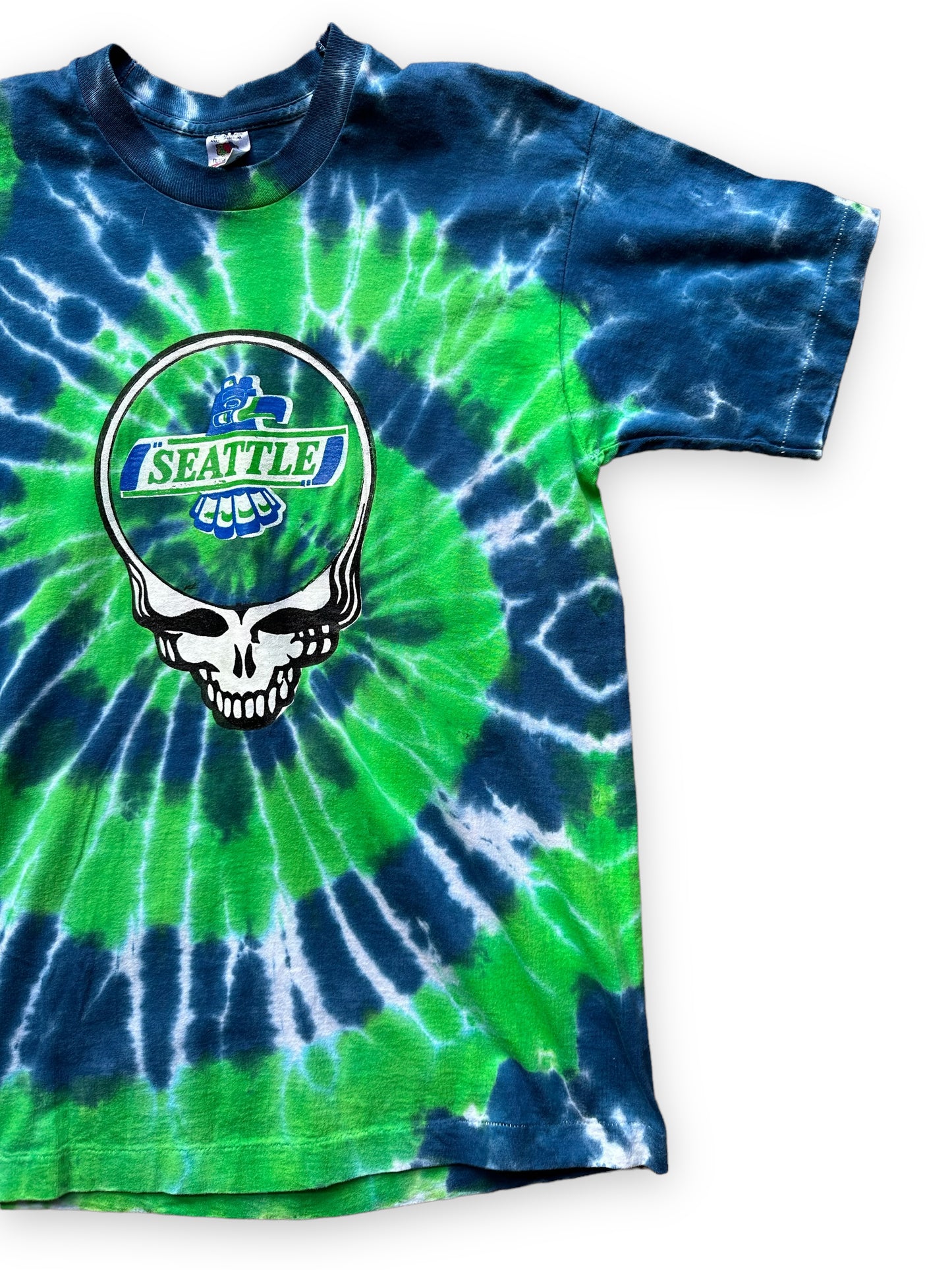 Front Left View of Vintage Grateful Dead Seattle Thunderbirds Tie Dye Tour Tee SZ L | Vintage Grateful Dead Tee Seattle | Barn Owl Vintage