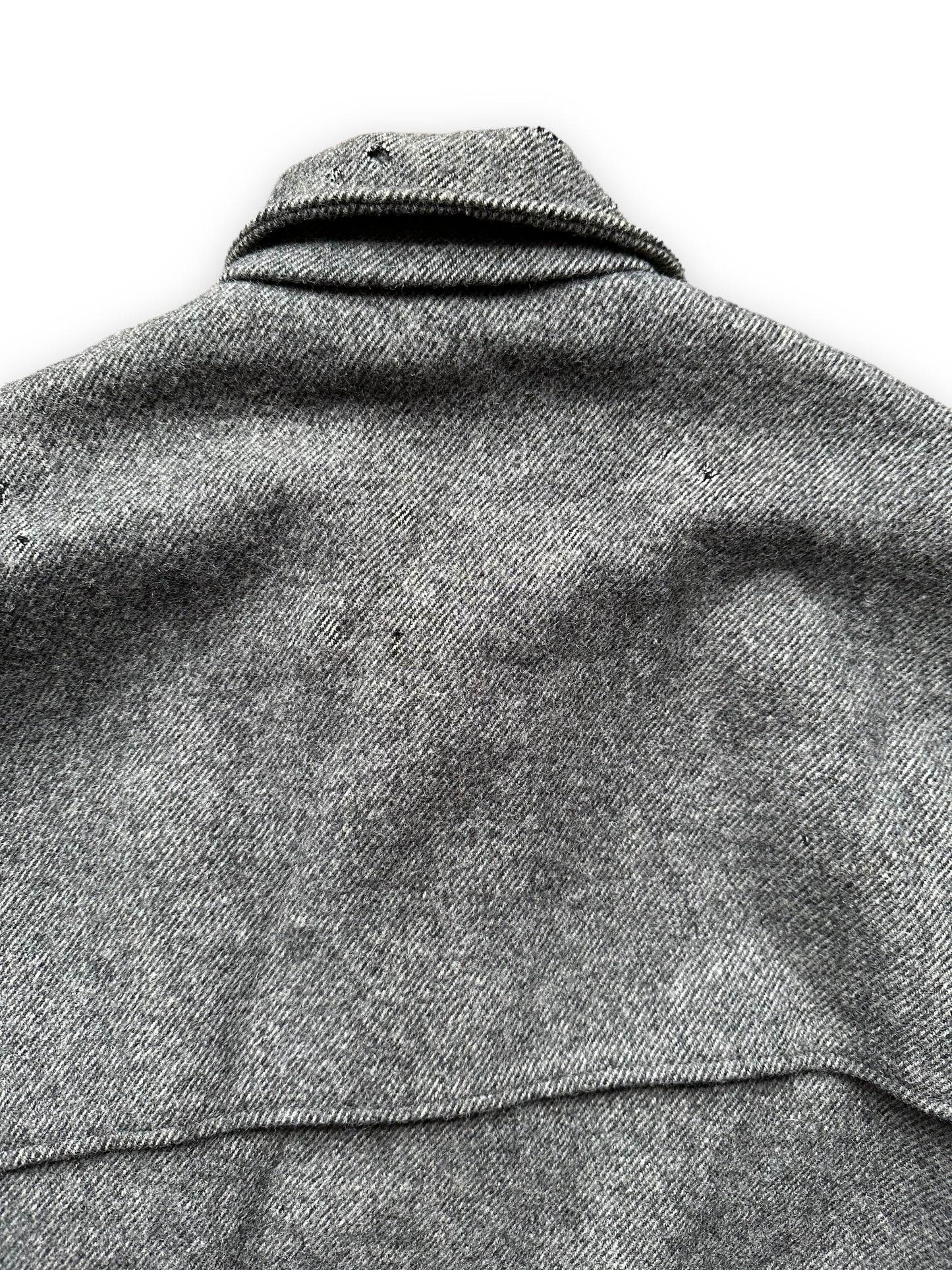 Moth Bites on Cape of Vintage Filson Grey Herringbone Cape Coat SZ Large | Barn Owl Vintage Goods | Vintage Wool Workwear Seattle