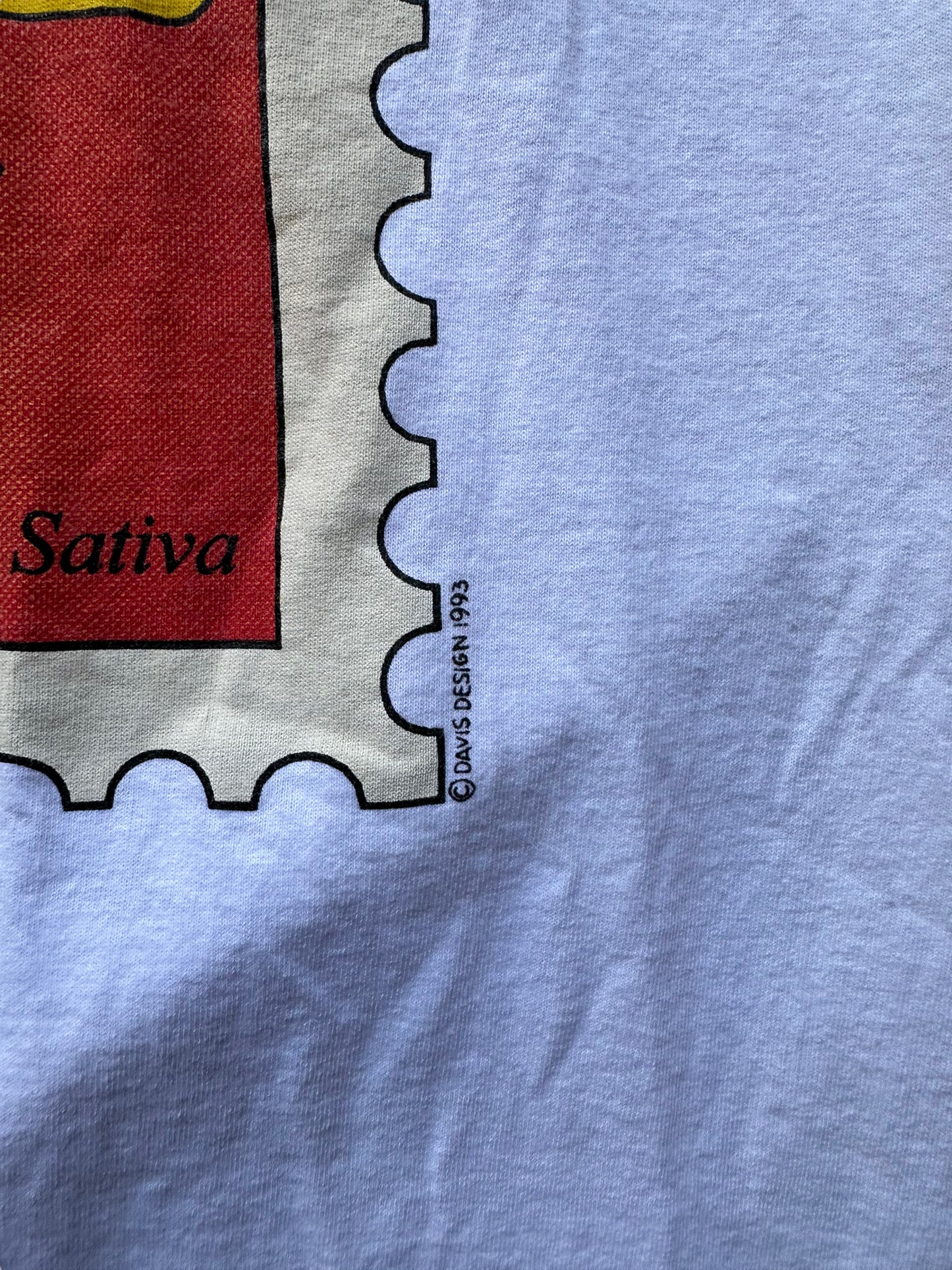 Copyright View of Vintage 1993 Sativa Cannabis Postal Stamp Tee SZ XL | Seattle Vintage Cannabis Tee | Barn Owl Vintage