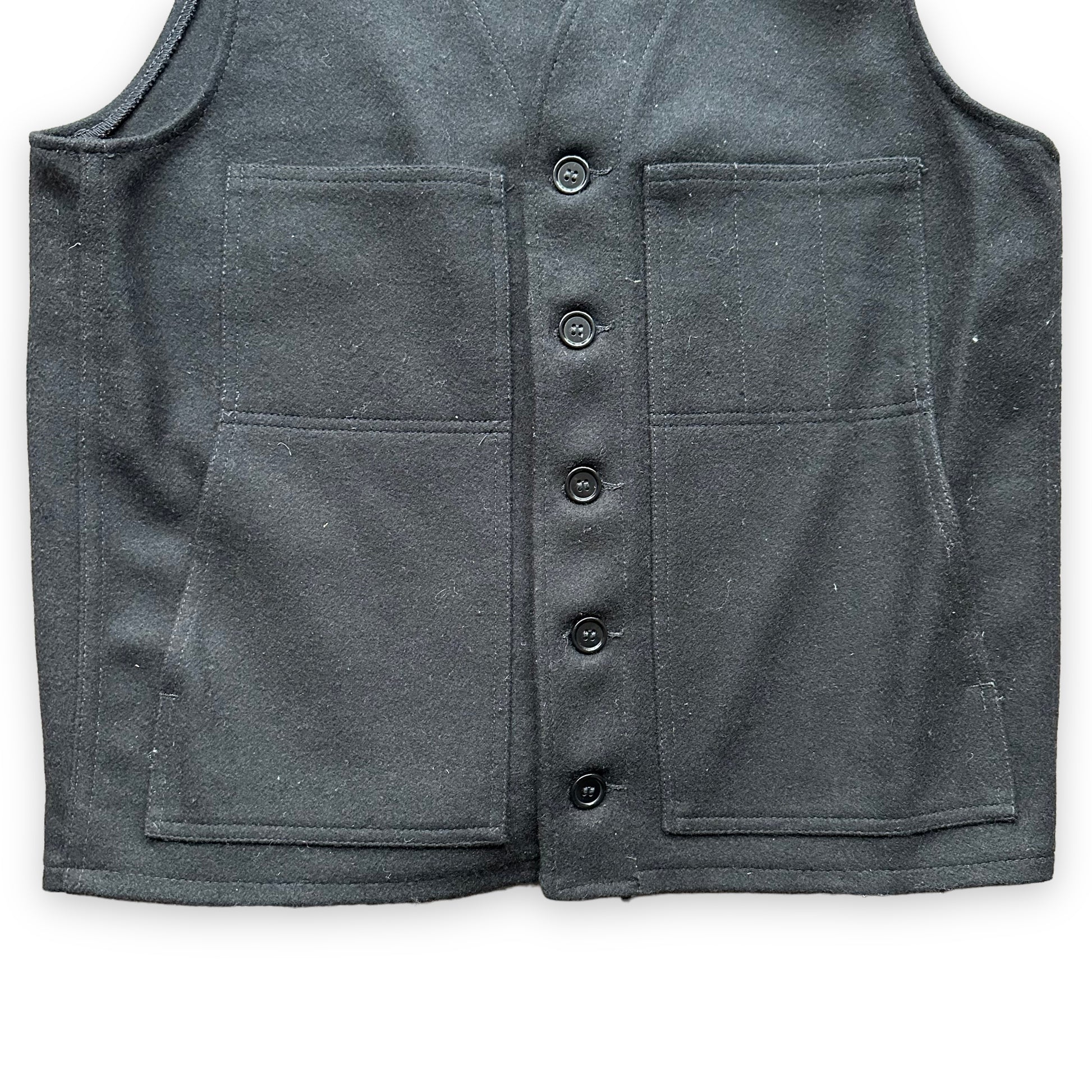 Lower Front View of Filson Black Mackinaw Wool Vest SZ 40 Extra Long |  Barn Owl Vintage Goods | Vintage Filson Workwear Seattle