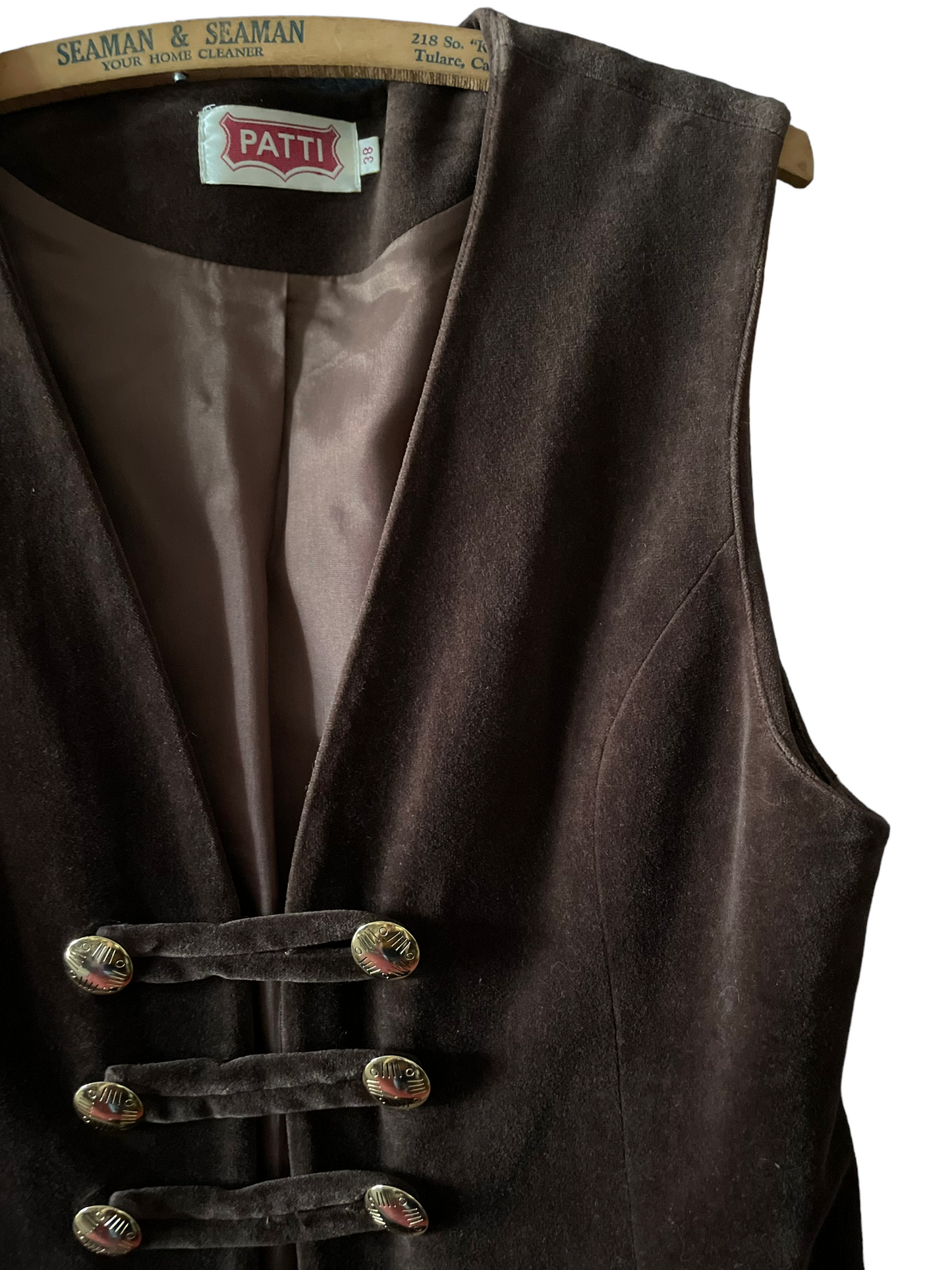 Front left side shoulder of Vintage 1960s Brown Velvet Vest | Barn Owl Seattle | Vintage 1960s Velvet Vests