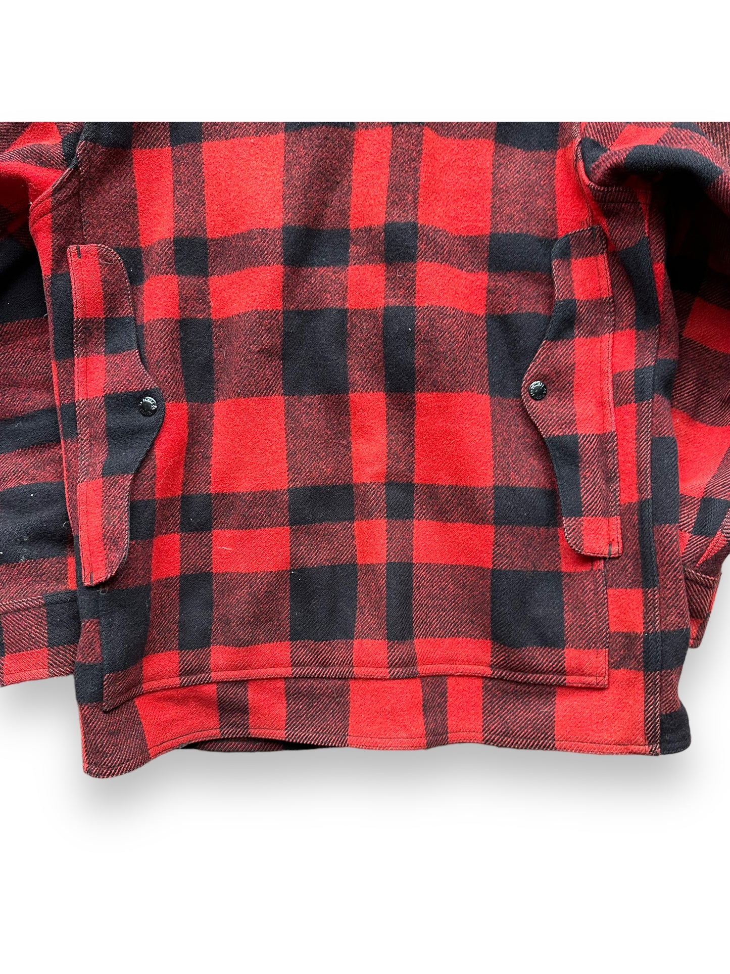 Lower Rear View of Vintage Filson Red and Black Wool Cruiser Size 38 | Barn Owl Vintage Goods | Vintage Filson Workwear Seattle