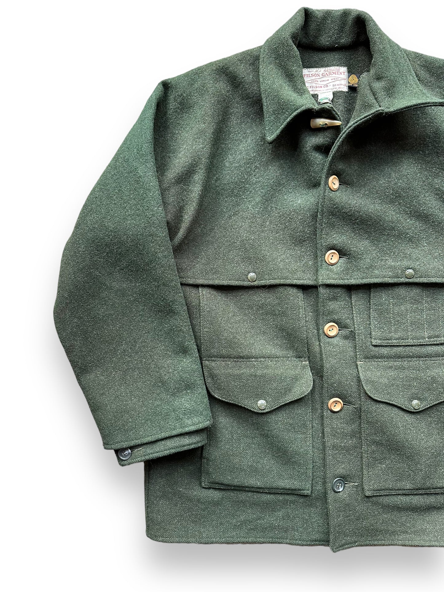 Front Right View of Vintage Filson Forest Green Double Mackinaw Cruiser SZ 46 XL | Barn Owl Vintage Goods | Vintage Workwear Seattle