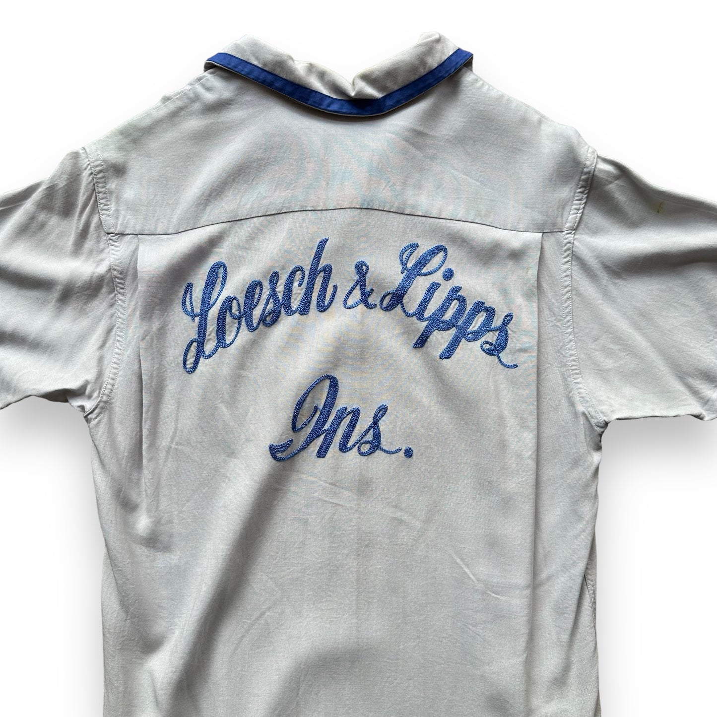 Upper Rear View of Vintage Crown Prince Light Blue Chainstitched Bowling Shirt SZ S | Vintage Bowling Shirt Seattle | Barn Owl Vintage Seattle