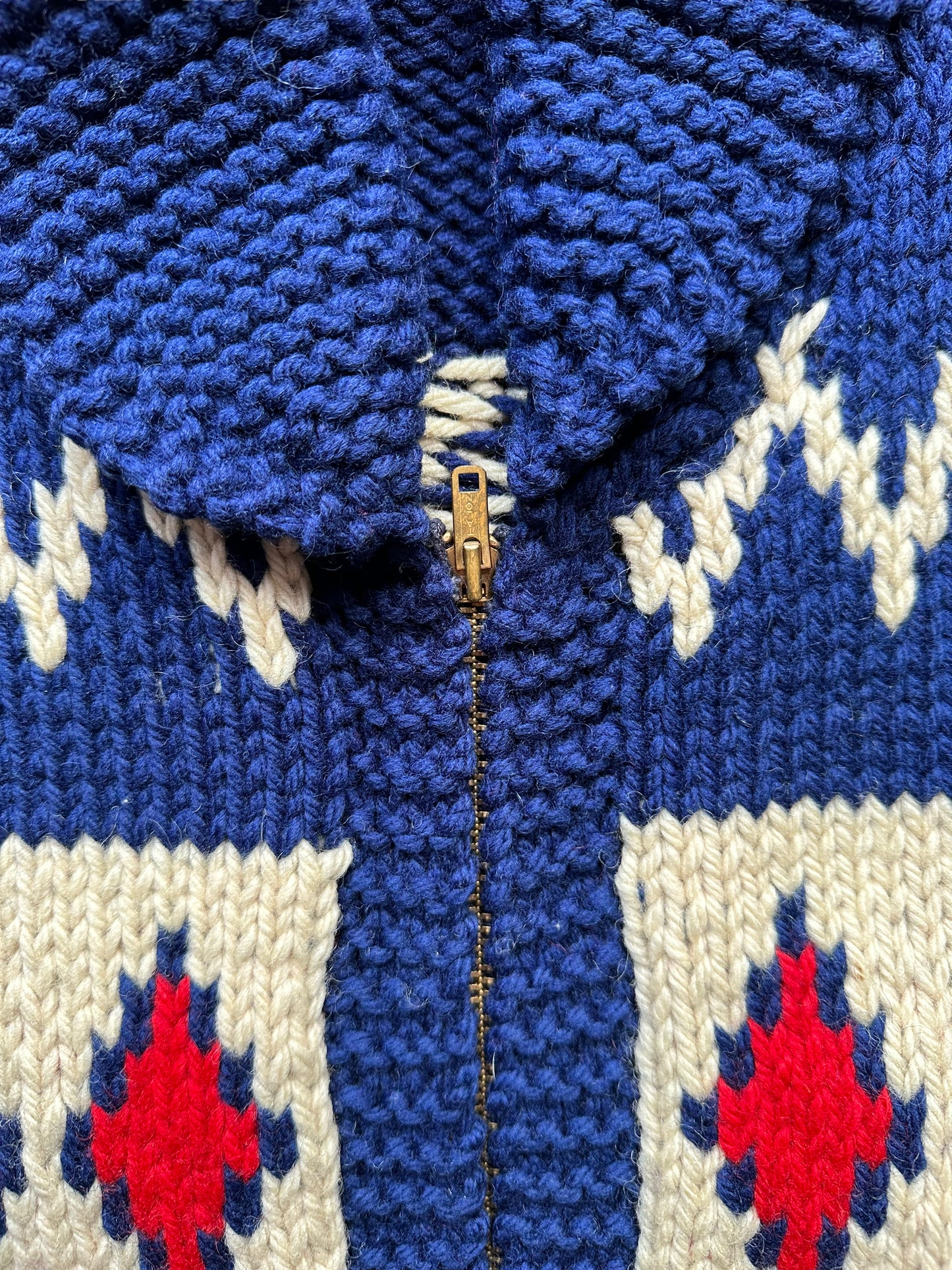 Talon Zipper on Vintage Cowichan Style Blue & Red Sweater SZ M | Barn Owl Vintage | Seattle Vintage Sweaters