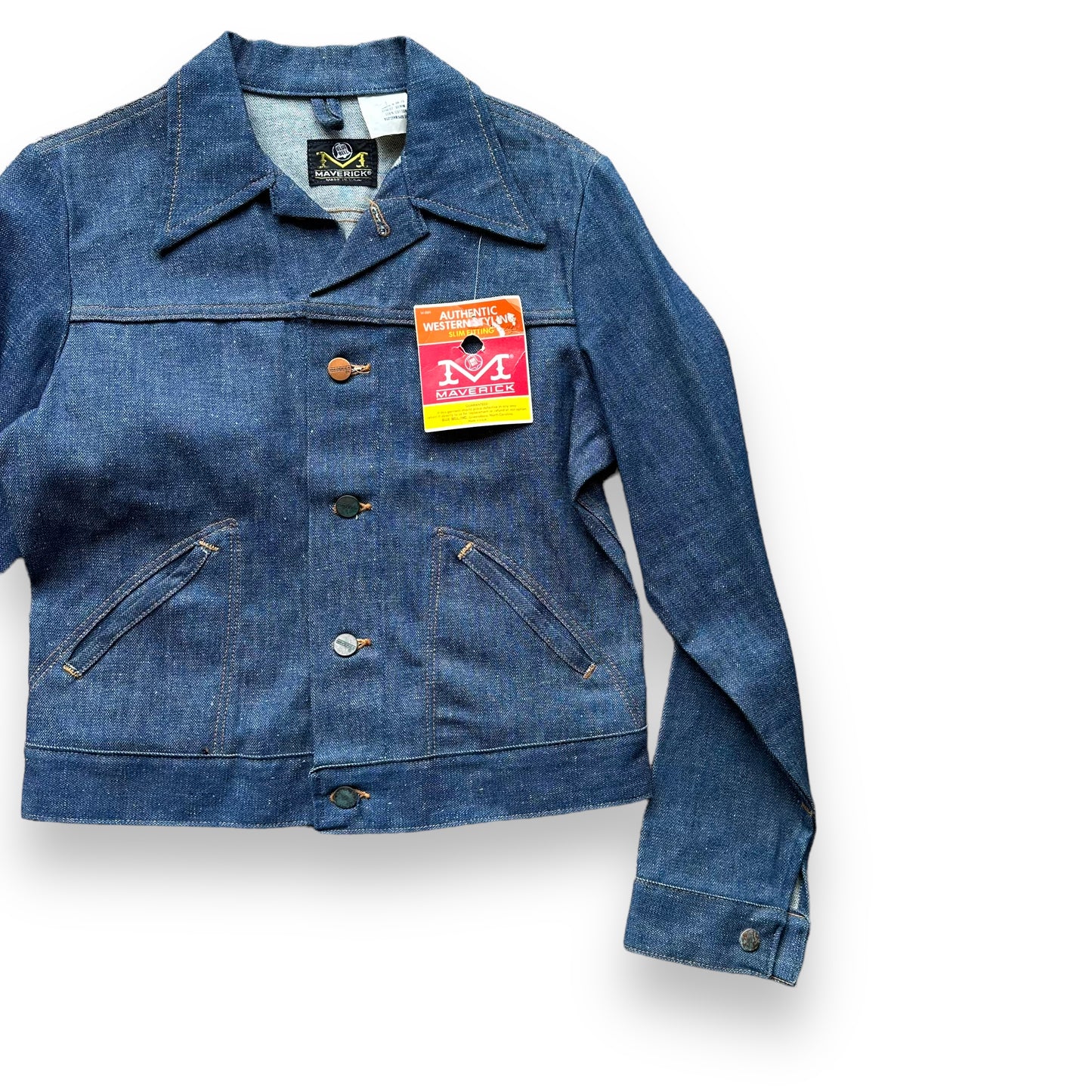 Front Left View of Vintage Deadstock Maverick Denim Jacket SZ 16 | Vintage Denim Workwear Seattle | Seattle Vintage Denim Jackets