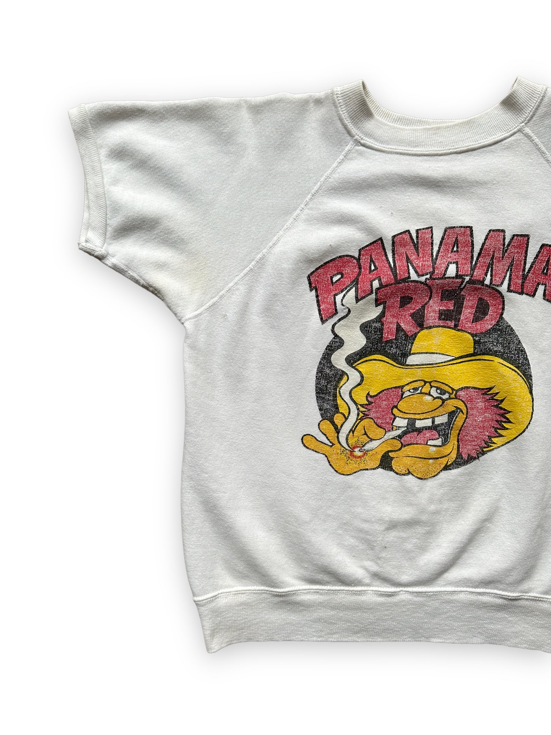 Front Right View of Vintage Panama Red Short Sleeve Crewneck SZ L | Seattle Vintage Panama Red Crewnecks | Barn Owl Vintage