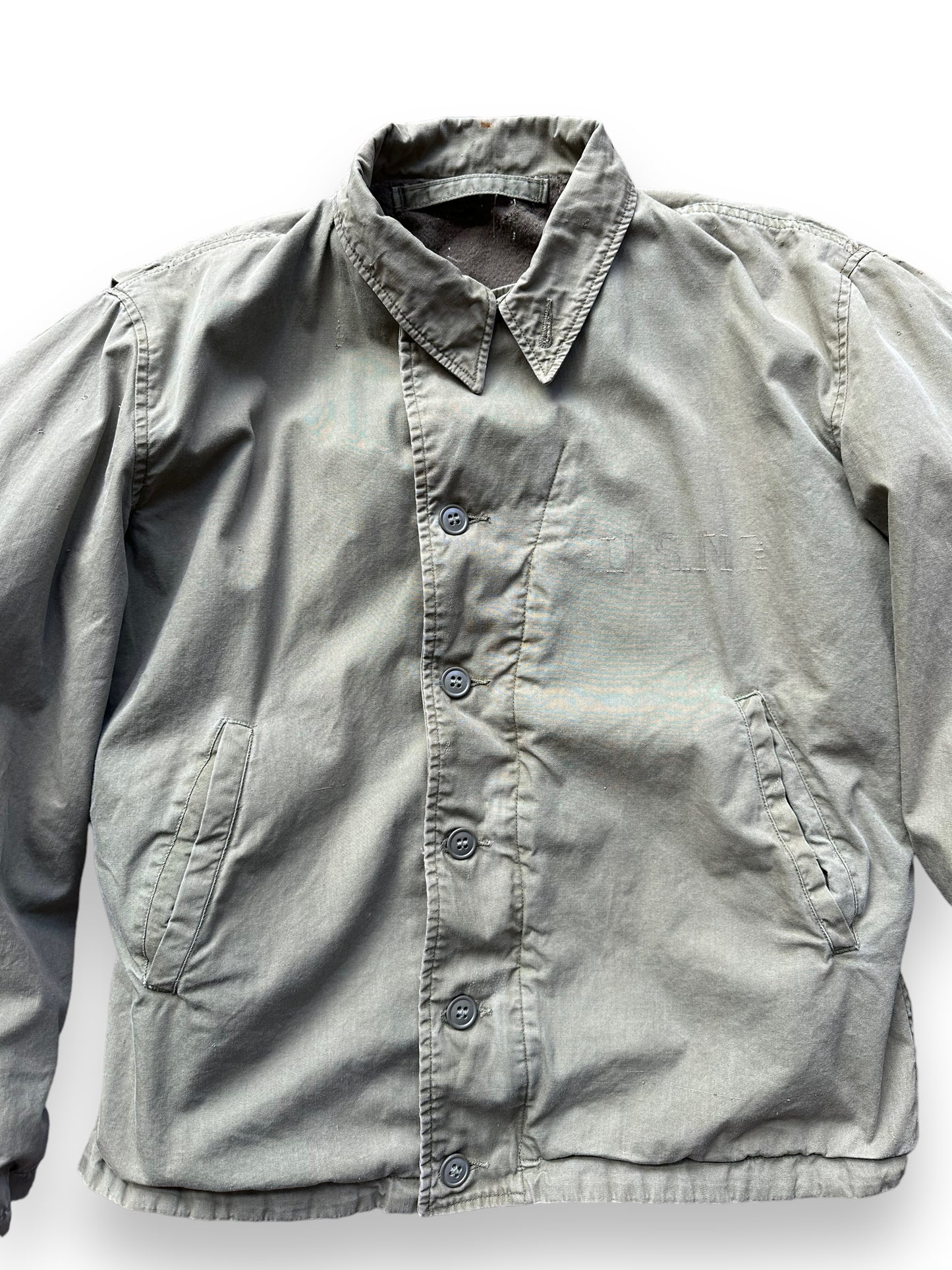 Front Detail on Vintage WWII USN M-41 Field Jacket SZ M | Seattle Vintage Military Gear | Barn Owl Vintage Clothing Seattle