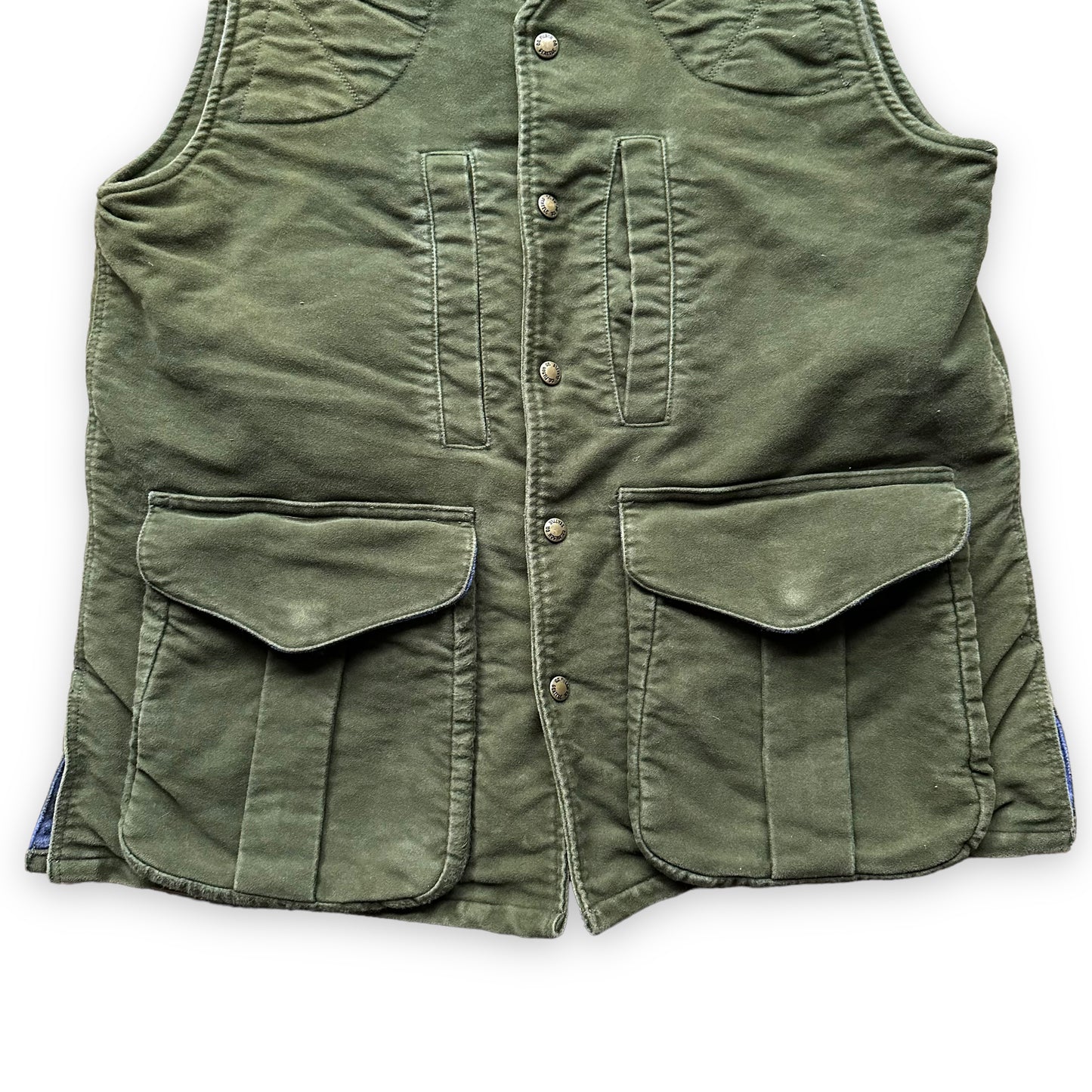 Lower Front View of Filson Flannel Lined Moleskin Vest SZ M | Barn Owl Vintage Goods | Vintage Filson Workwear Seattle