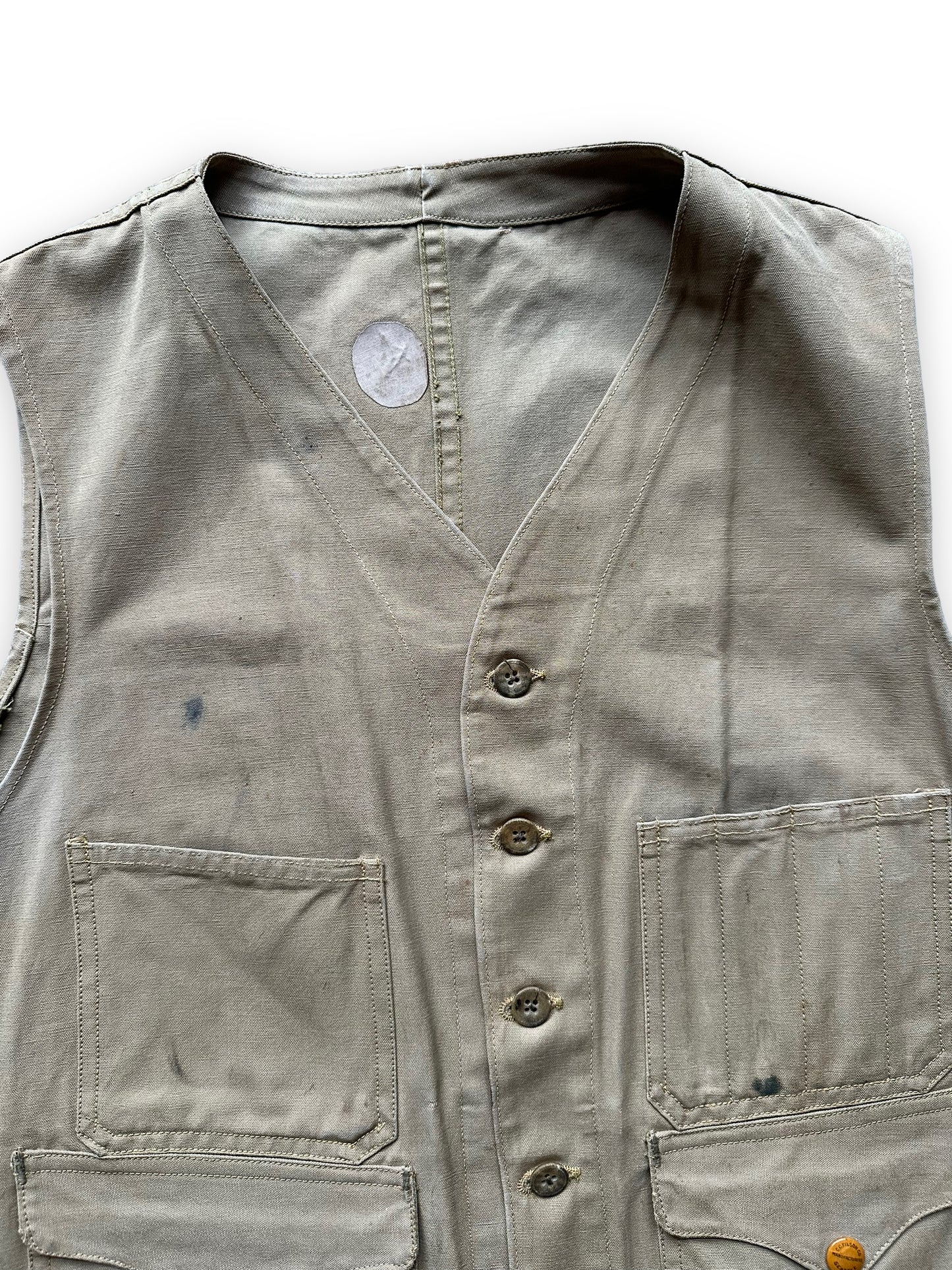 Upper Front View of Vintage 1930s Era Filson FilClo Era Tin Cloth Vest SZ L | FilClo Vintage Workwear | Barn Owl Vintage Seattle