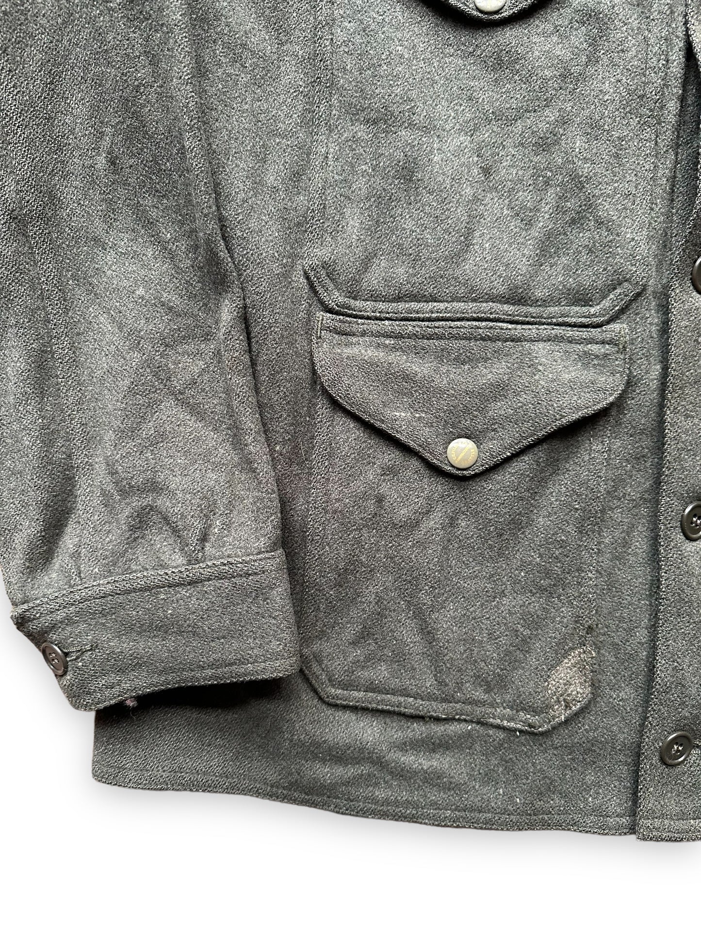 Repairs on Lower Right Pocket on Vintage Filson Union Made Era Forest Green Mackinaw Cruiser SZ 46 | Barn Owl Vintage Goods | Vintage Workwear Seattle