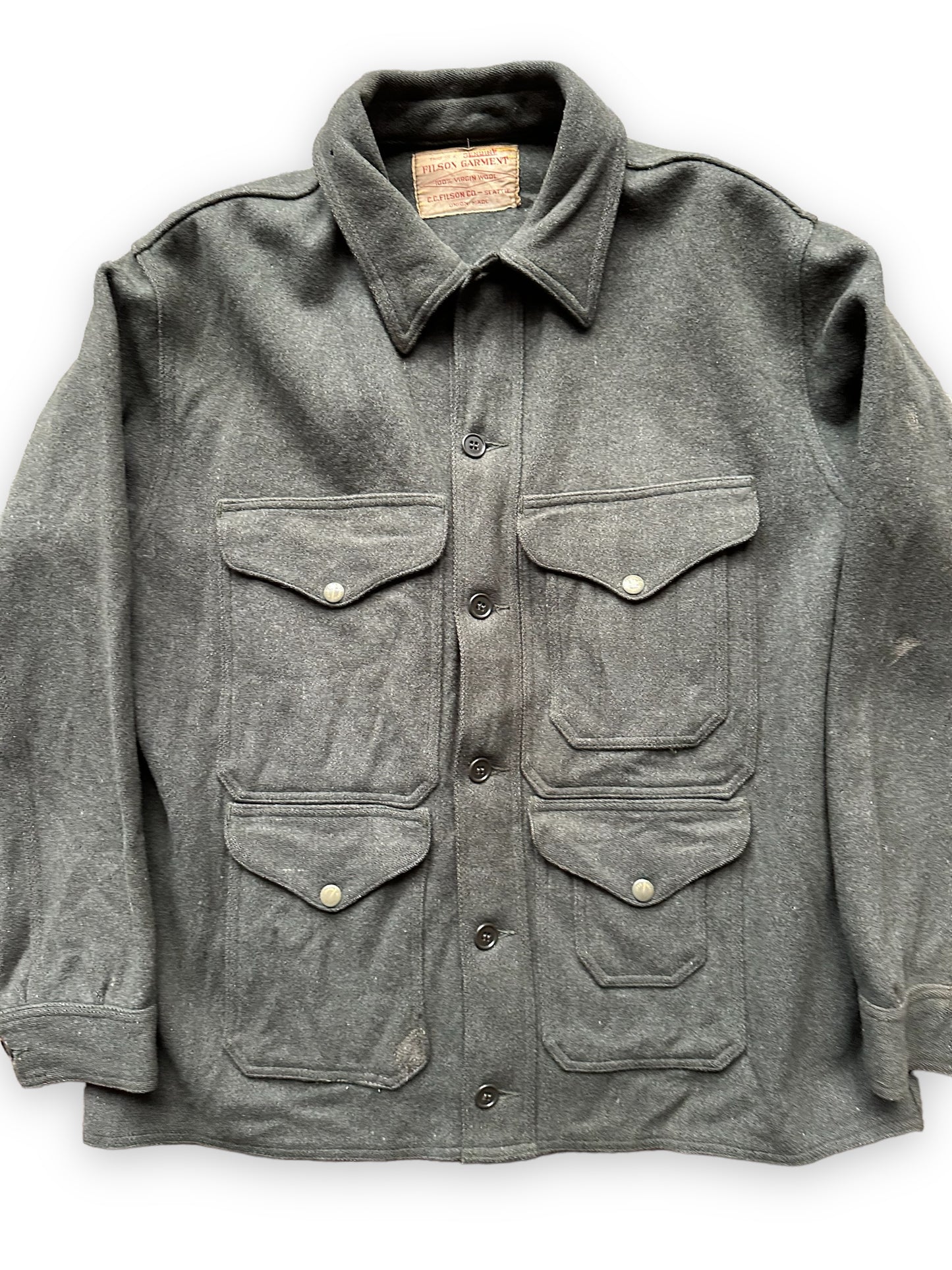 Front Detail on Vintage Filson Union Made Era Forest Green Mackinaw Cruiser SZ 46 | Barn Owl Vintage Goods | Vintage Workwear Seattle