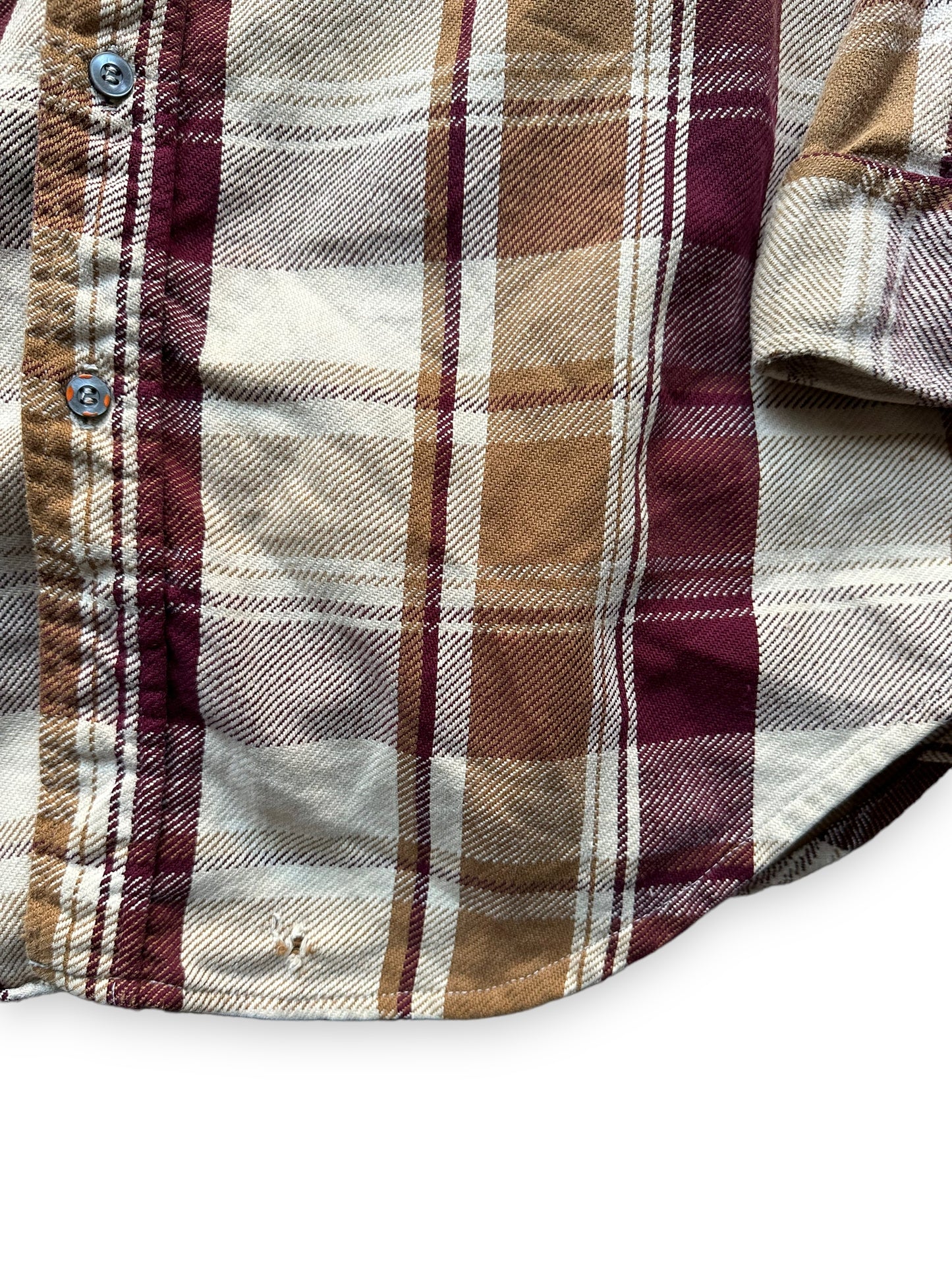 Lower Left View of Vintage Maroon & Brown Alaskan Cotton Flannel SZ XXL Tall | Vintage Cotton Flannel Seattle | Barn Owl Vintage Seattle