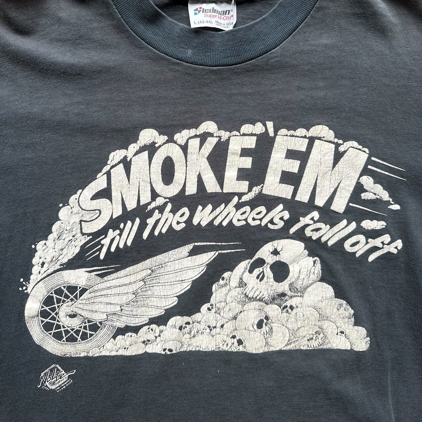 Front Graphic Close Up on Vintage 1981 Smoke Em Til The Wheels Fall Off Harley Davidson TShirt SZ L | Vintage Harley Tee | Barn Owl Vintage Seattle